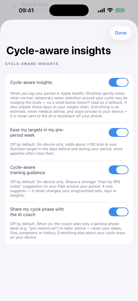 Strathlon cycle-aware insights settings with four opt-ins