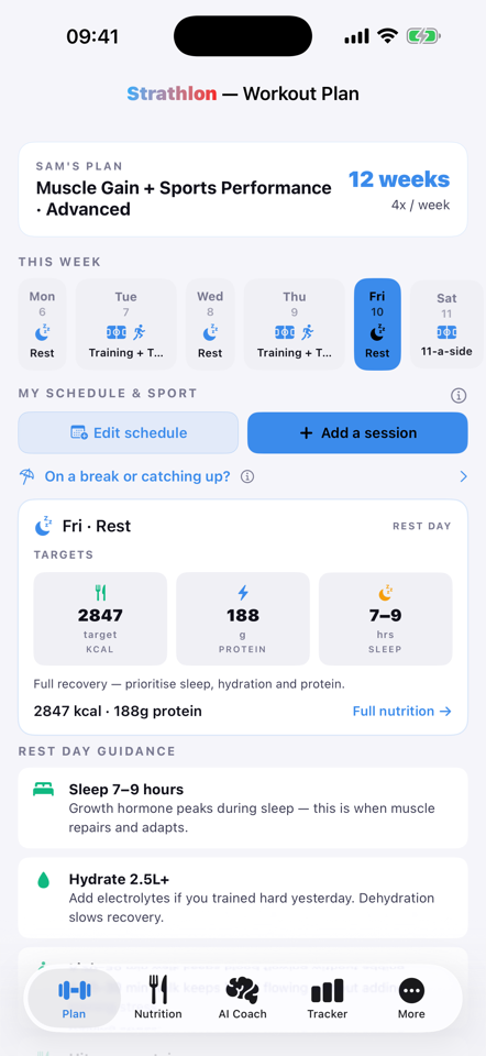 Strathlon Plan tab showing today's training