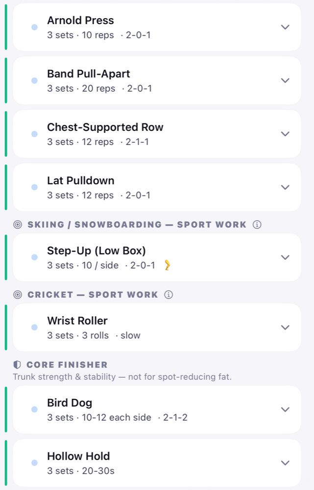 A Strathlon training day: four base lifts, then a Skiing sport-work block, a Cricket sport-work block, and a labelled core finisher