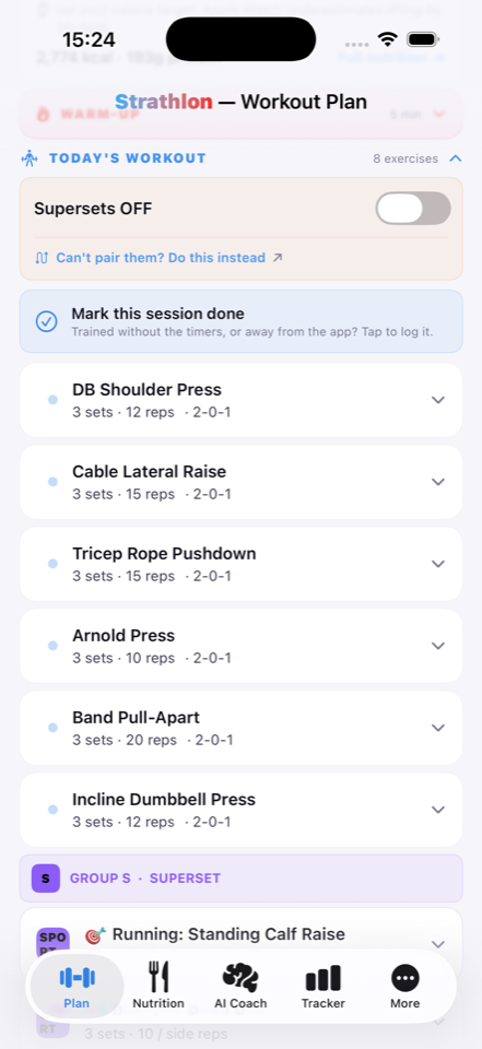 Strathlon today's workout with exercises and rest timers