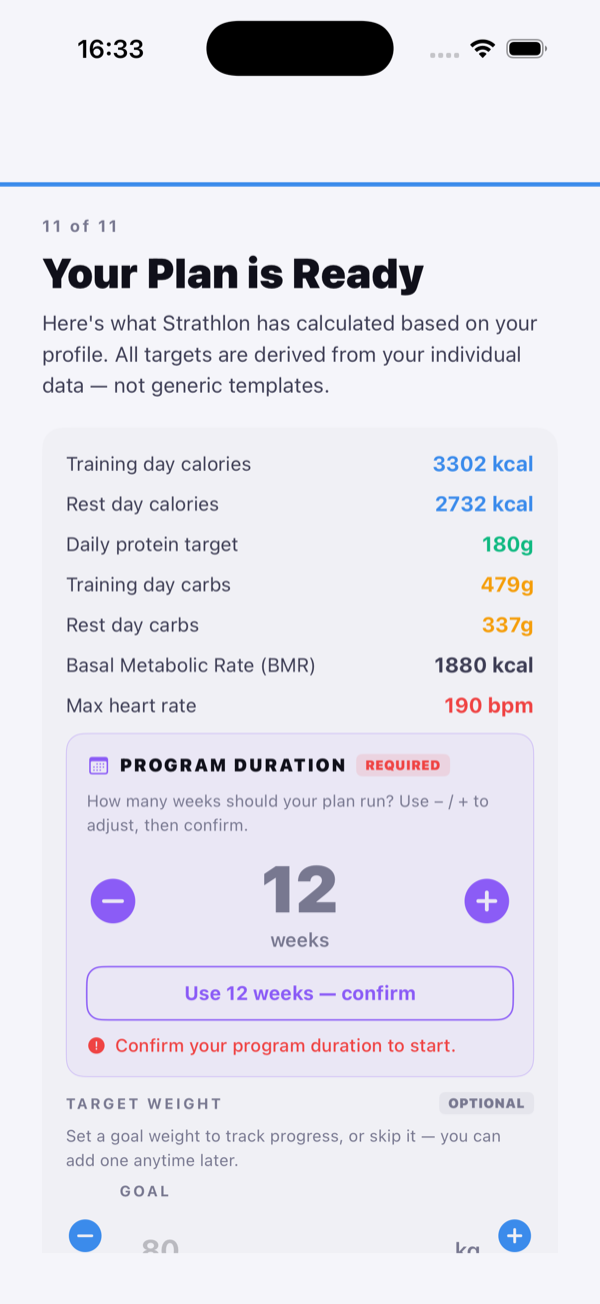 Strathlon onboarding screen setting up your profile, goal and sport