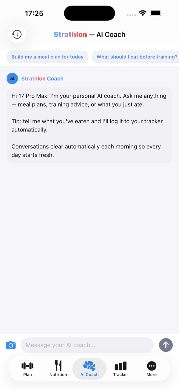Strathlon AI Coach chat screen answering a nutrition question