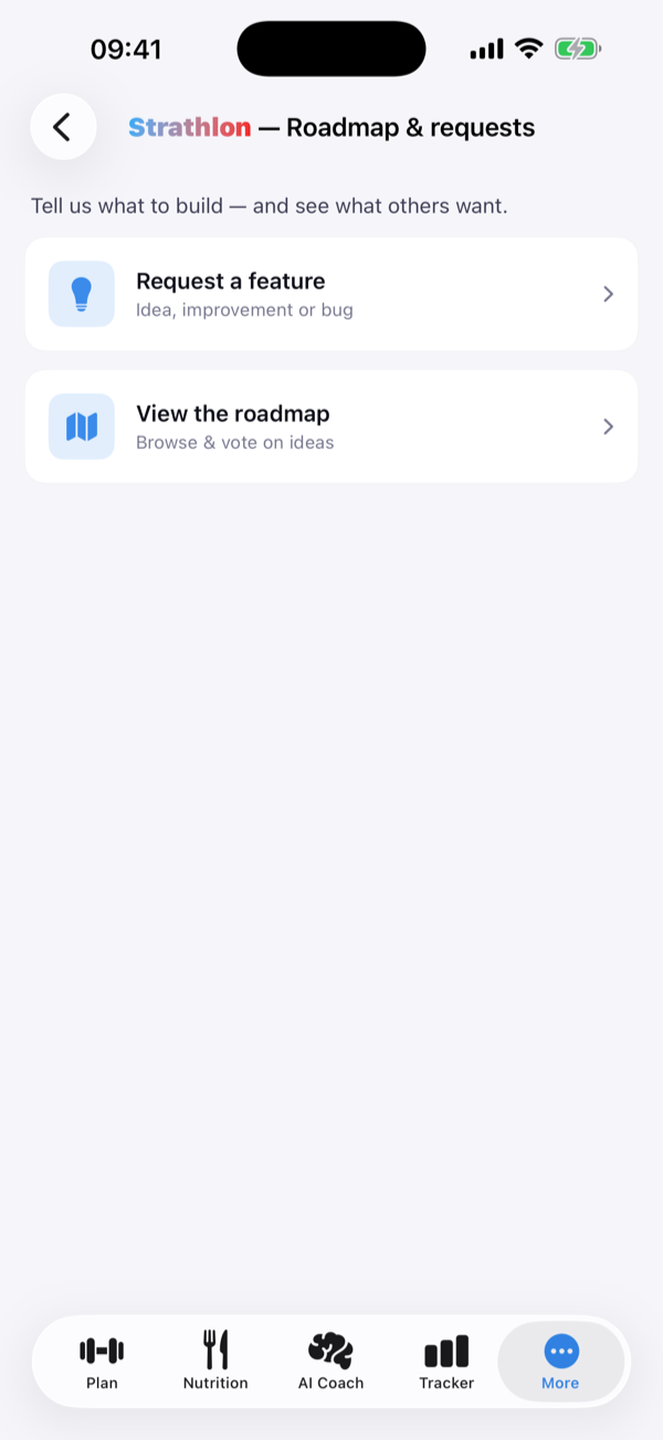 Strathlon feature requests screen for submitting and voting on ideas