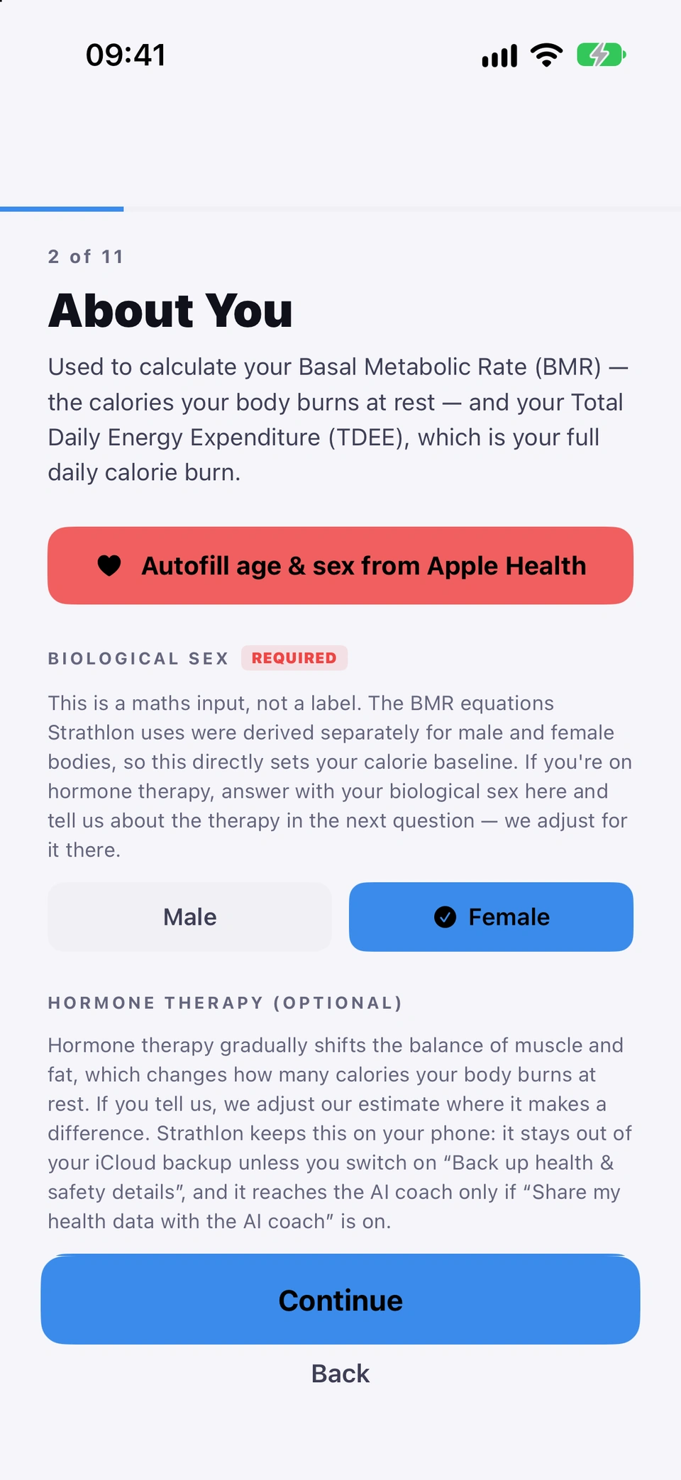 The About You screen: the Apple Health autofill button, the biological sex choice, the hormone therapy question and the age stepper.