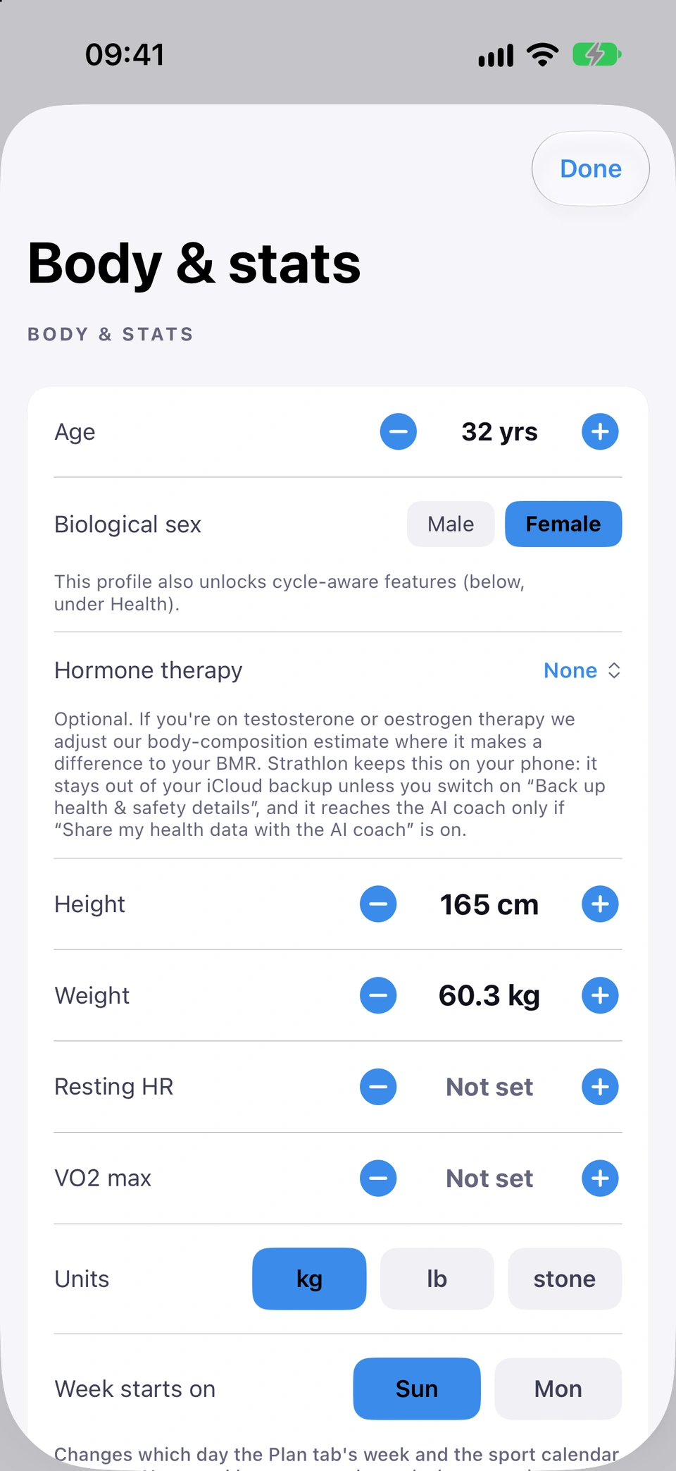 The Body & stats editor sheet with the Biological sex chips and Hormone therapy menu.