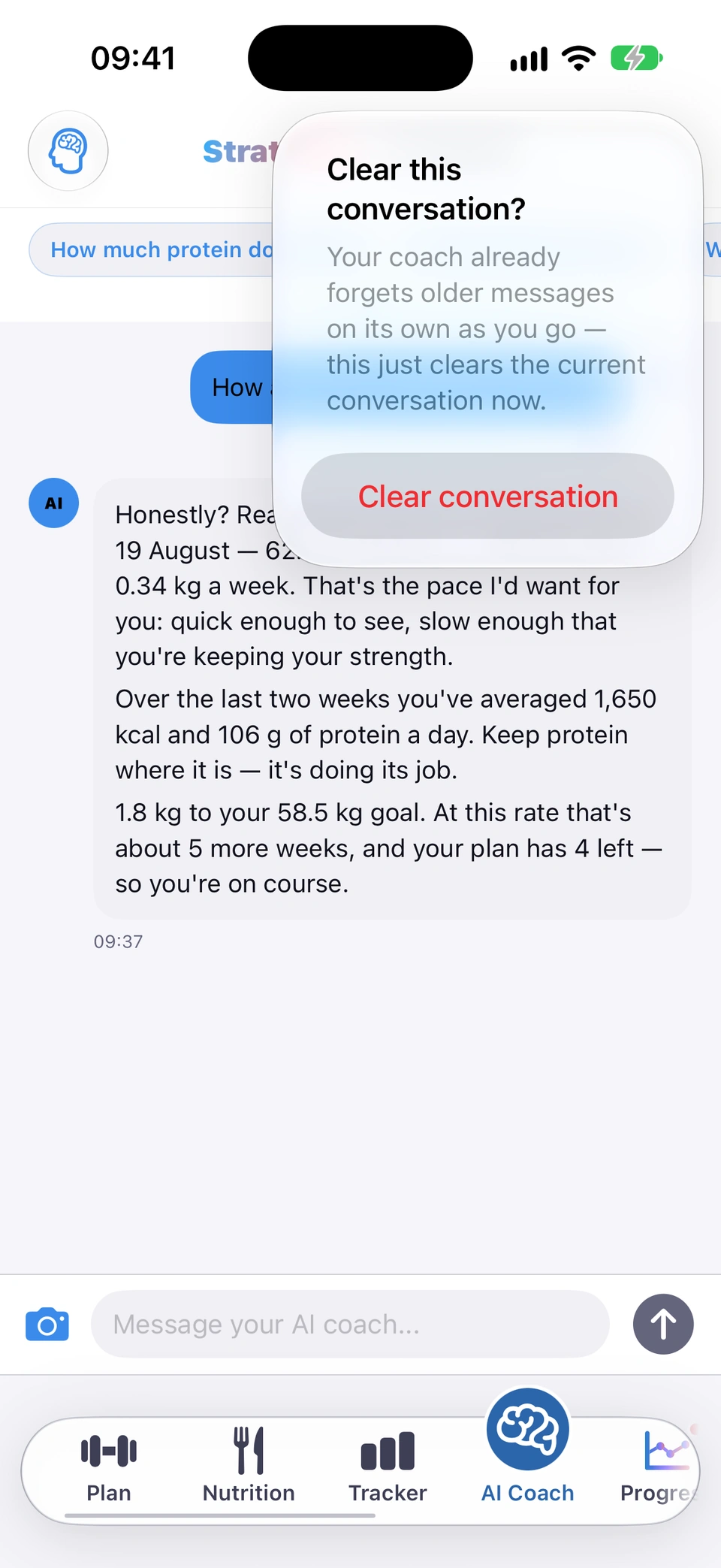 The Clear this conversation? prompt over the AI Coach tab, with its Clear conversation button.