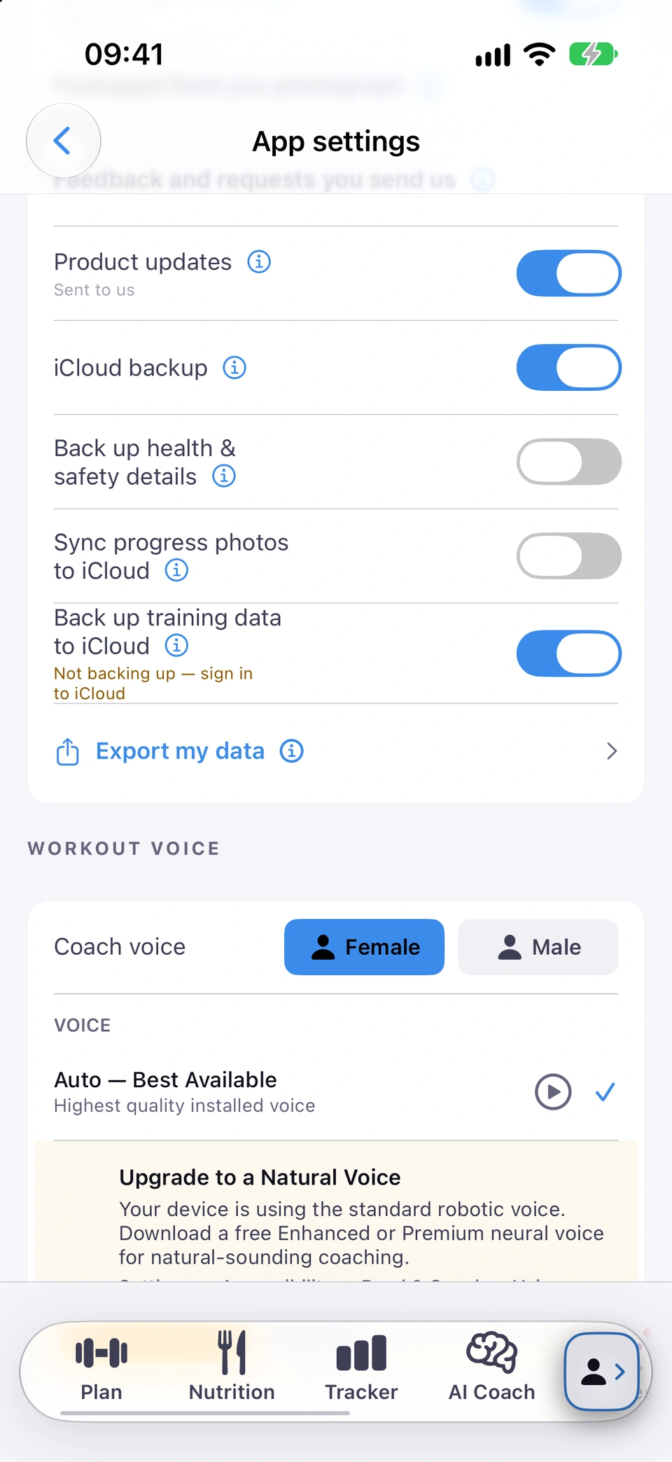 The Workout voice section of App settings: the Female/Male choice, the voice in use, and the Upgrade to a Natural Voice card.