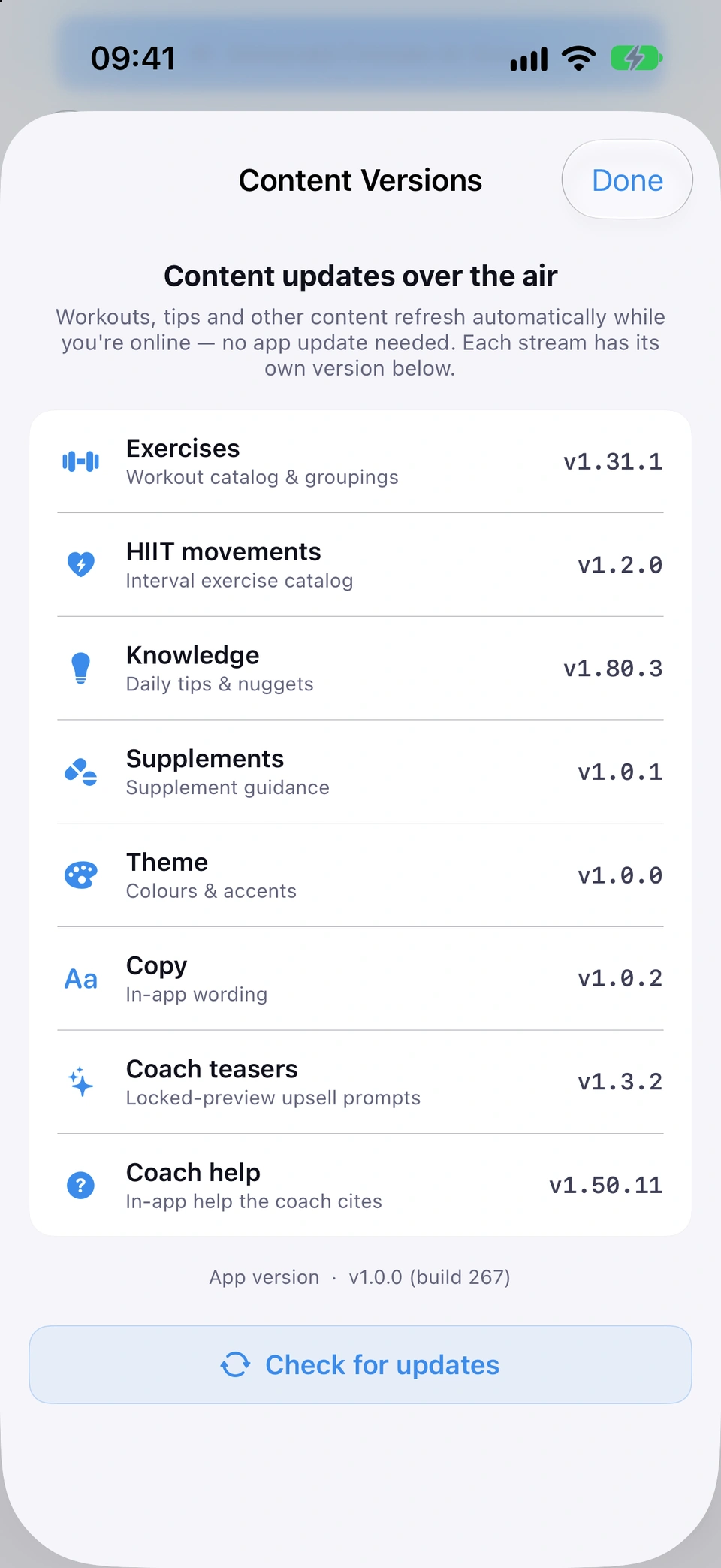 The Content versions sheet: a list of content streams (Exercises, HIIT movements, Knowledge, ...) each showing its version.