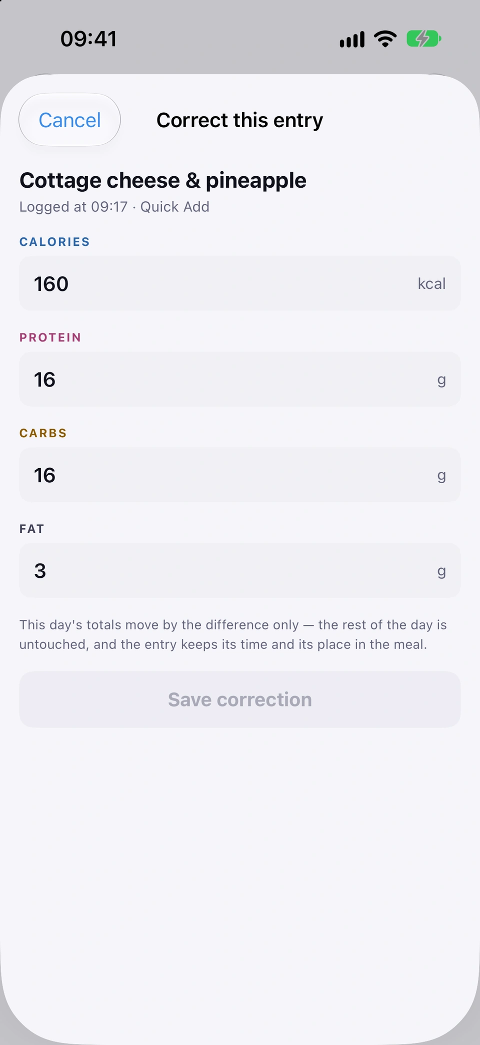 Correct an entry: 'Edit calories & macros' editor.