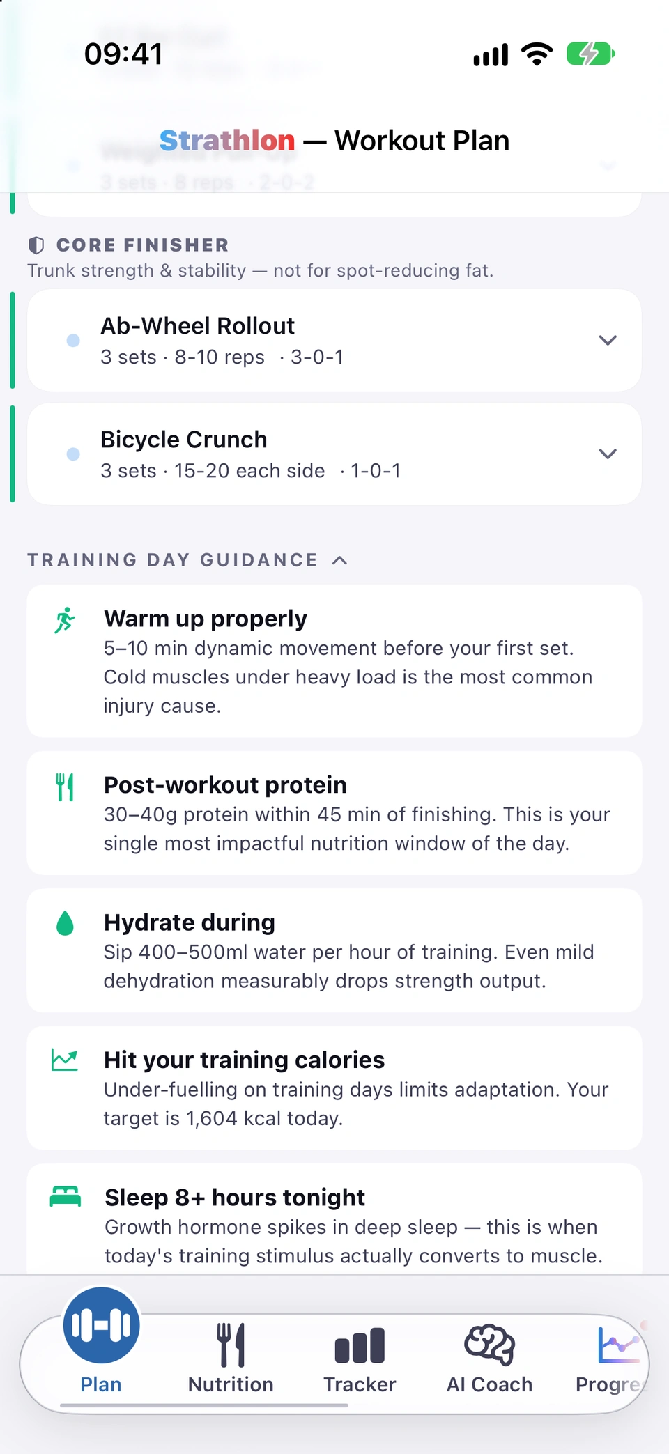 The Plan tab's expanded 'TRAINING DAY GUIDANCE' cards for a gym day: warm-up, protein timing, hydration and sleep tips.