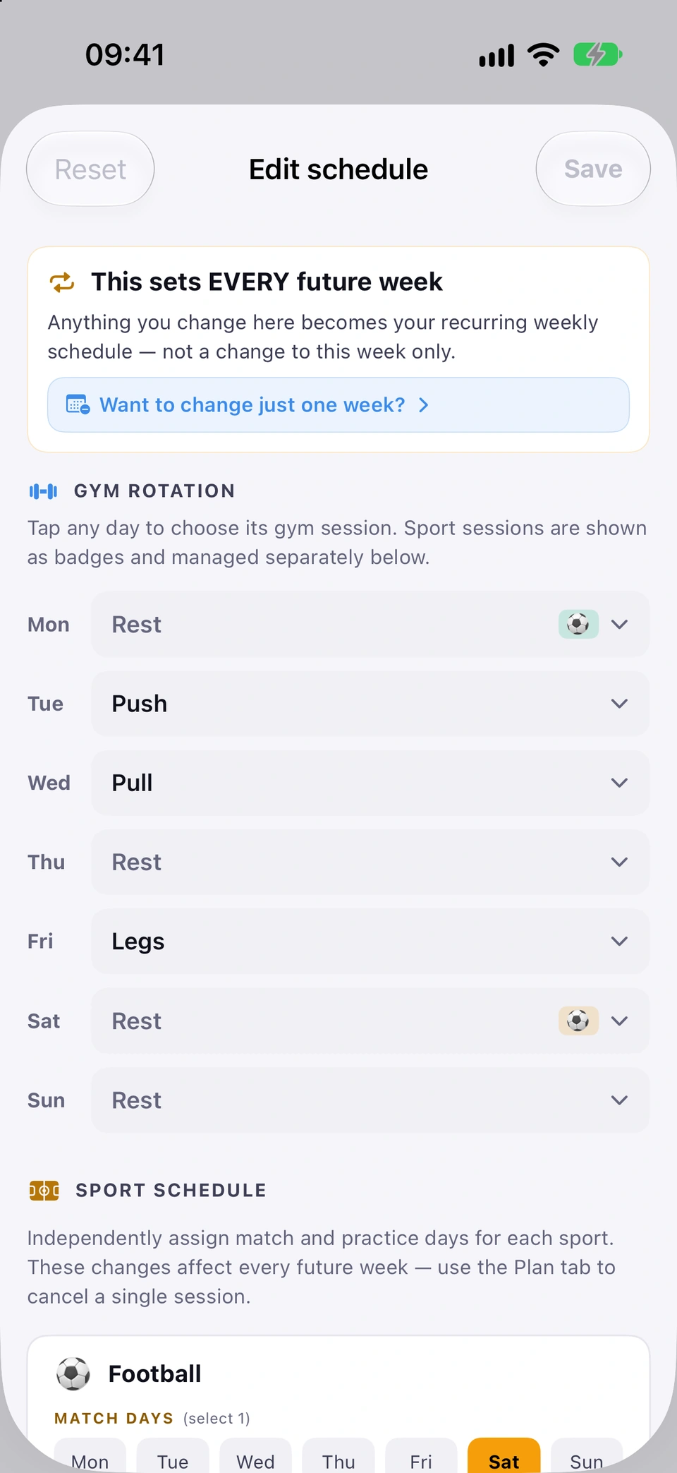 The Edit schedule editor: the GYM ROTATION week grid and the SPORT SCHEDULE section with match/practice day toggles.