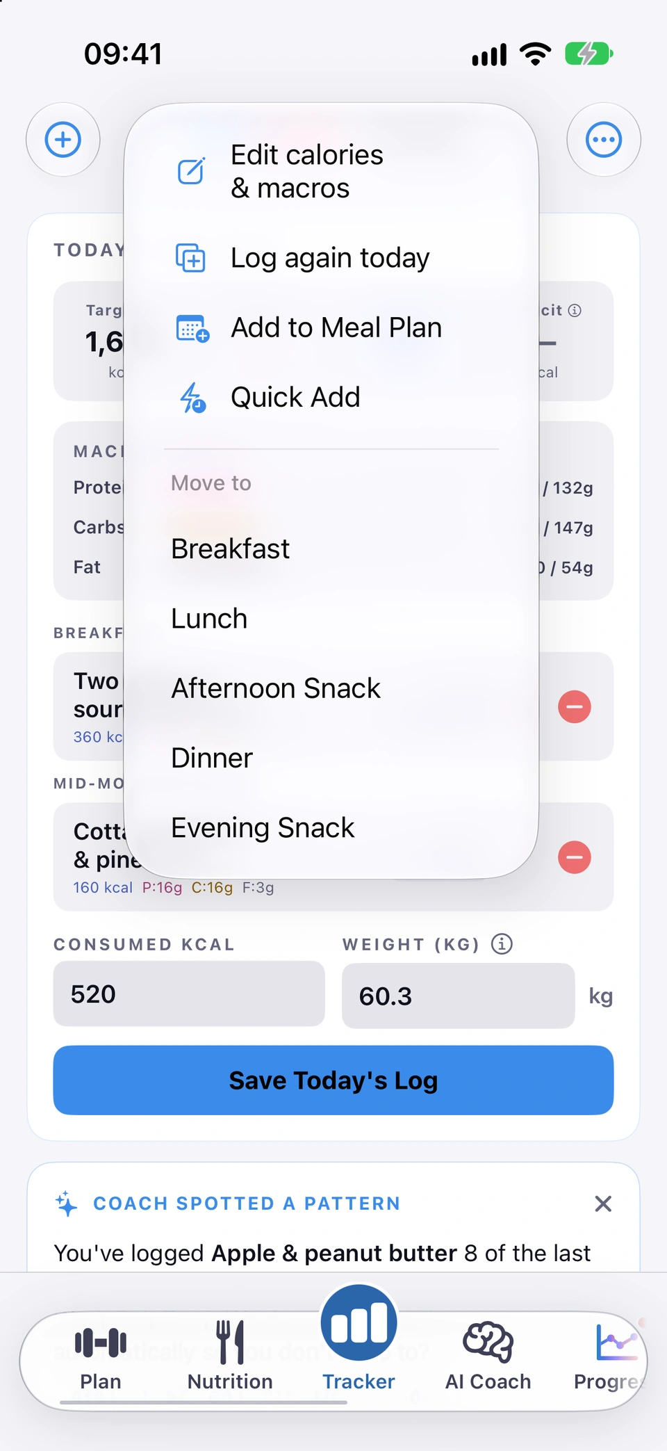 Food item actions: '…' menu on a logged item: Edit calories & macros, Log again today, Add to Meal Plan, Quick Add, Move.
