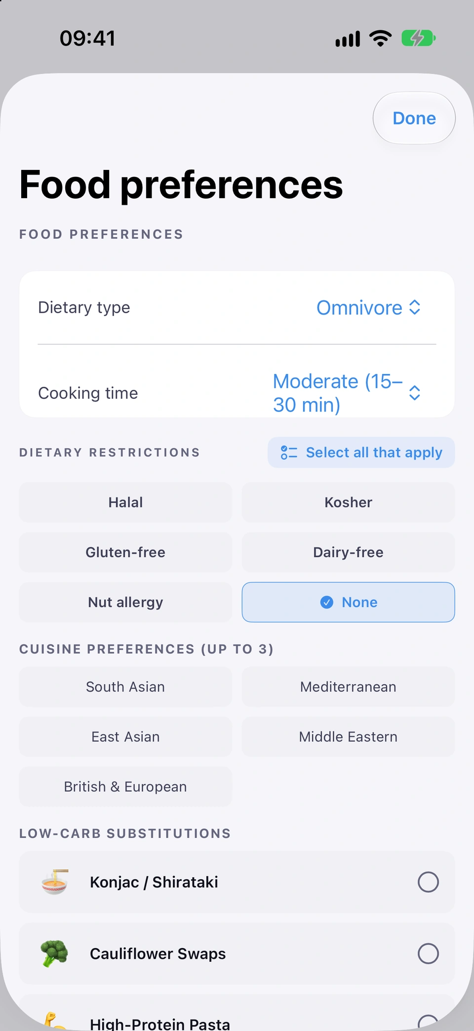The Food preferences sheet: Dietary type and Cooking time menus above the cuisine preference tiles.