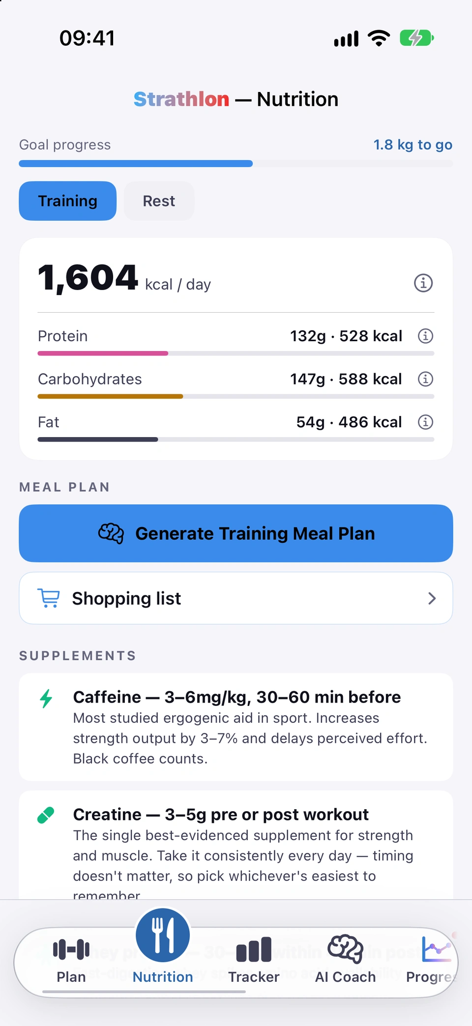 The Goal progress bar at the top of the Nutrition tab, with how far there is to go.
