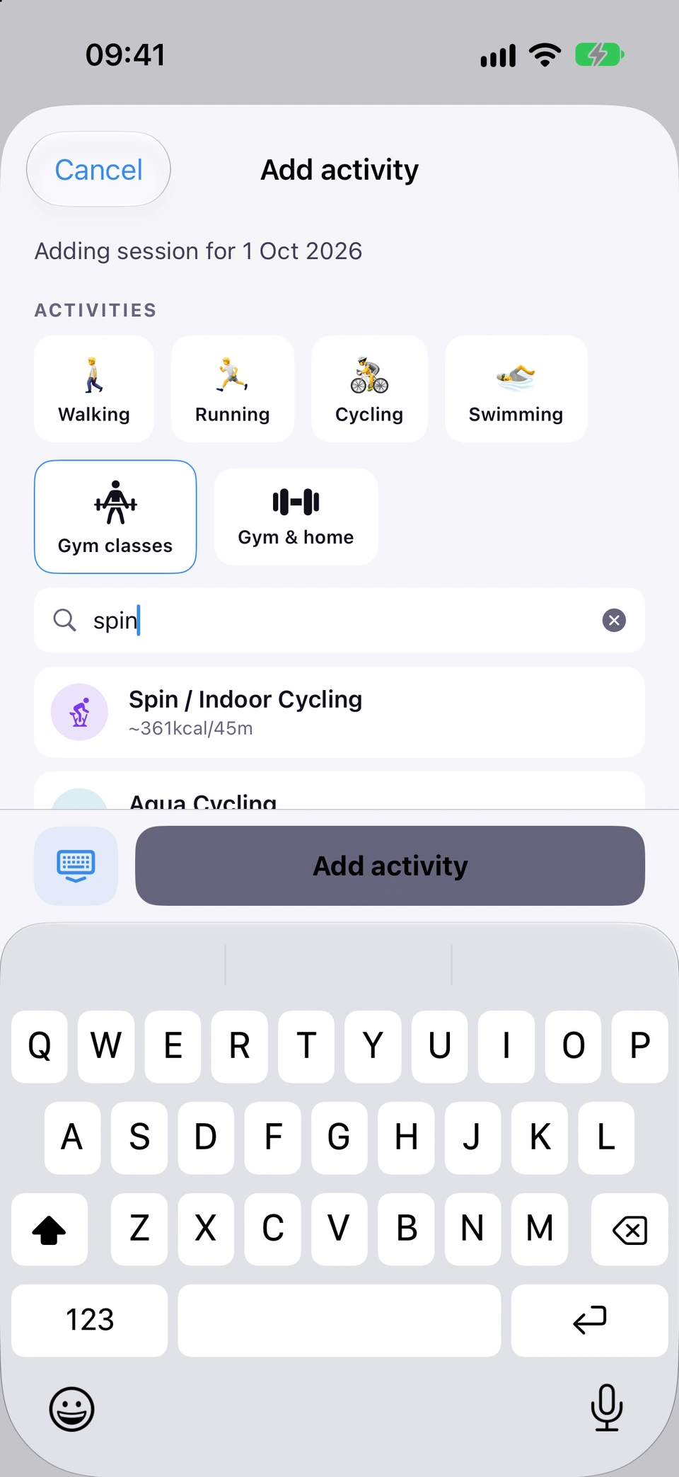 The gym classes picker with a search field showing 'spin' and matching results, calories scaled to weight.