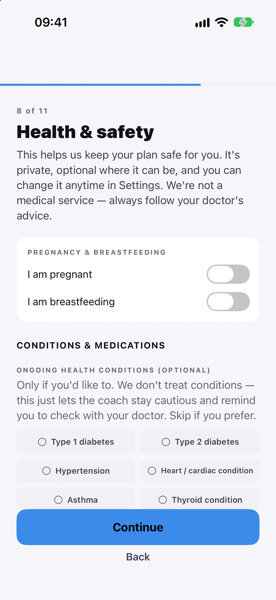 The top of the Health & safety step: why it is asked, the pregnancy and breastfeeding switches, and the start of the conditions and medications lists.