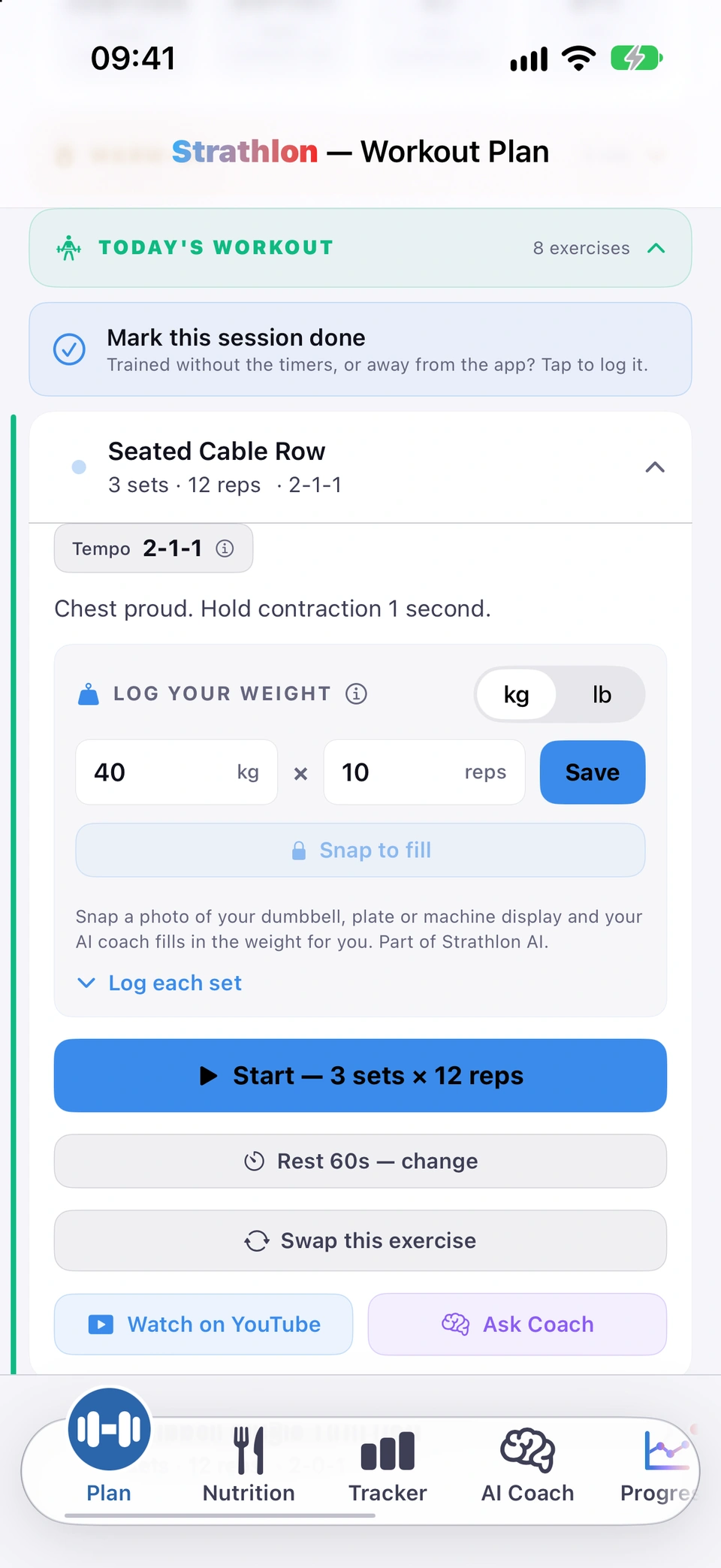 The Log your weight panel with weight and reps fields pre-filled, a Save button, and a Log each set expander.