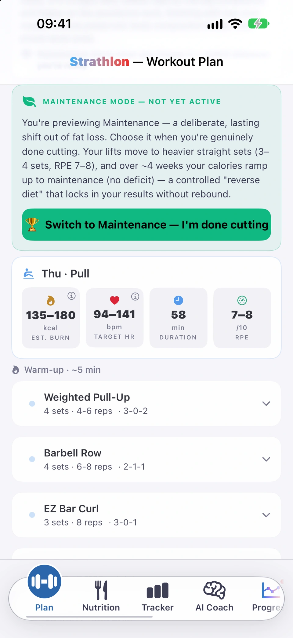 The Plan tab with the Maintenance tile selected and its banner offering Switch to Maintenance.