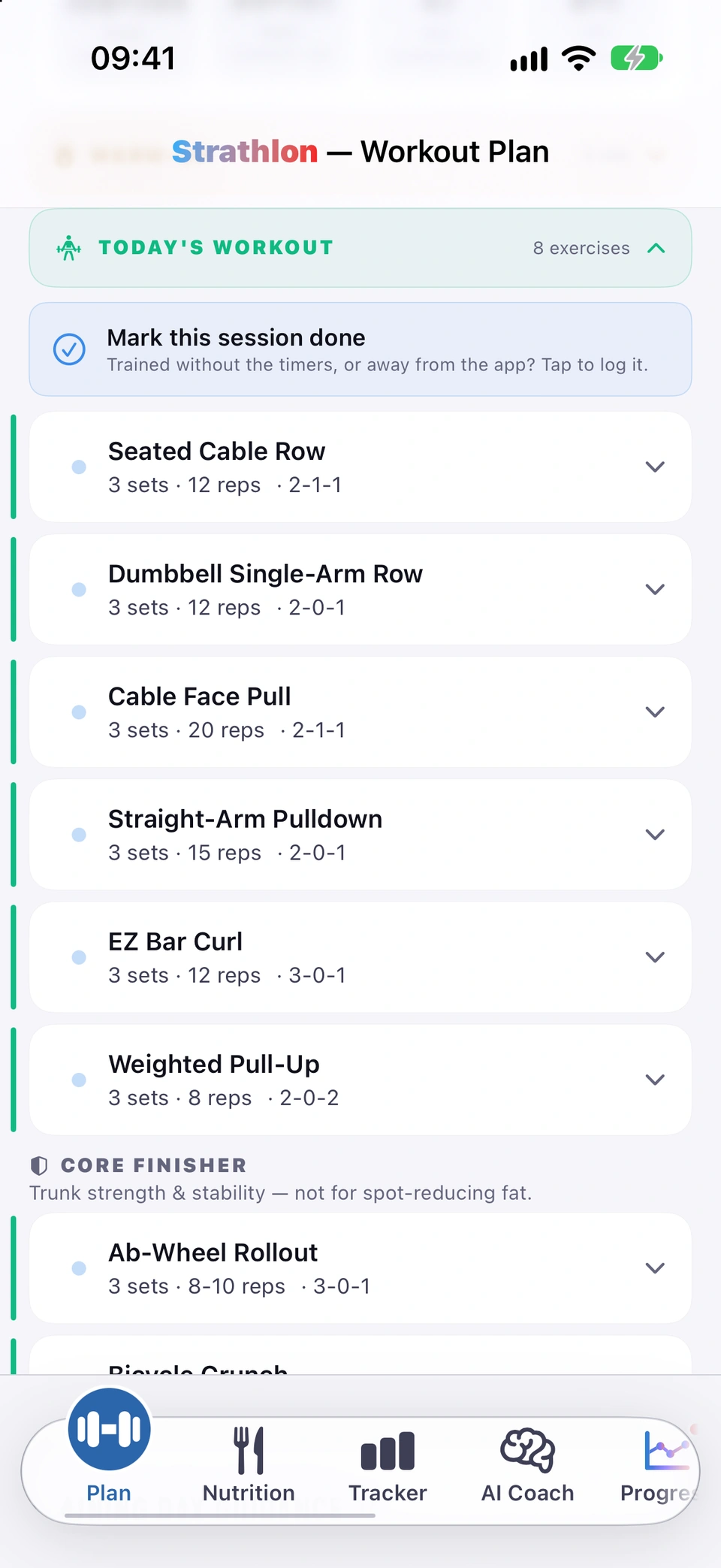 The Mark this session done button under the TODAY'S WORKOUT header, with the line 'Trained without the timers, or away from the app? Tap to log it.'
