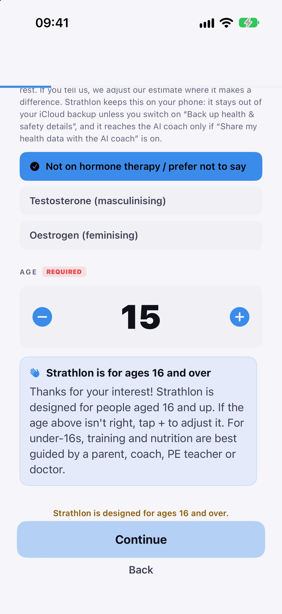 About You with the age at 15: the note that Strathlon is for ages 16 and over, and the same reminder under Continue.