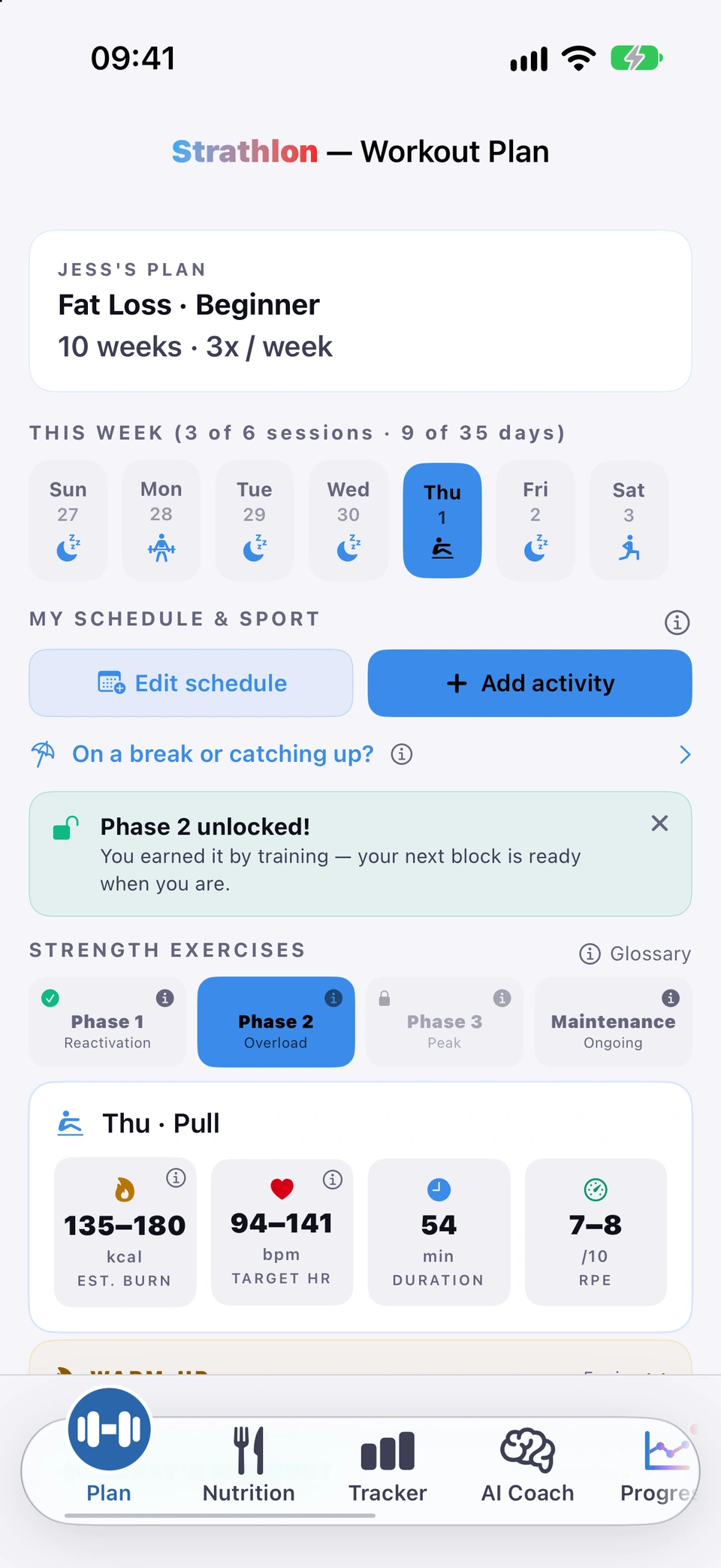 The one-time 'Phase 2 unlocked!' banner on the Plan tab, with its dismiss control.
