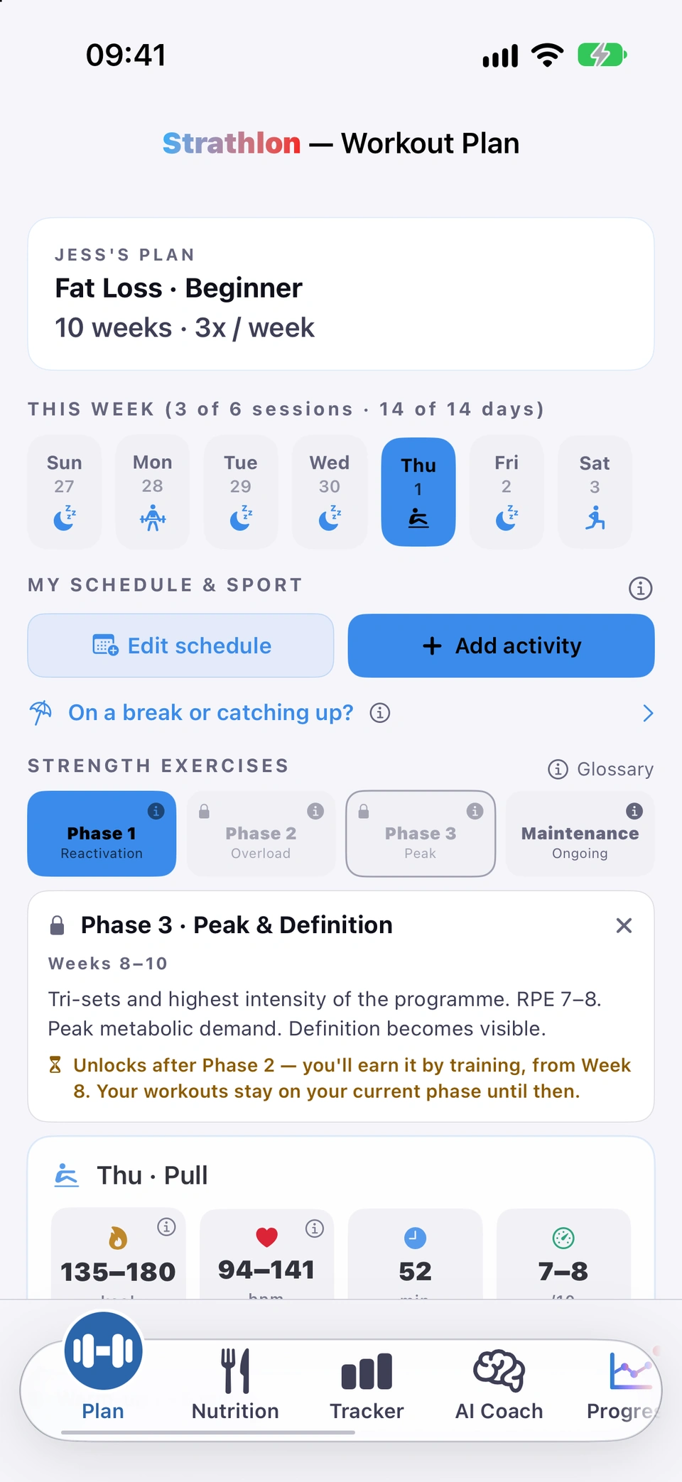 The Plan tab with Phase 3's tile tapped, showing its read-only workout header, a lock icon and the week it unlocks.