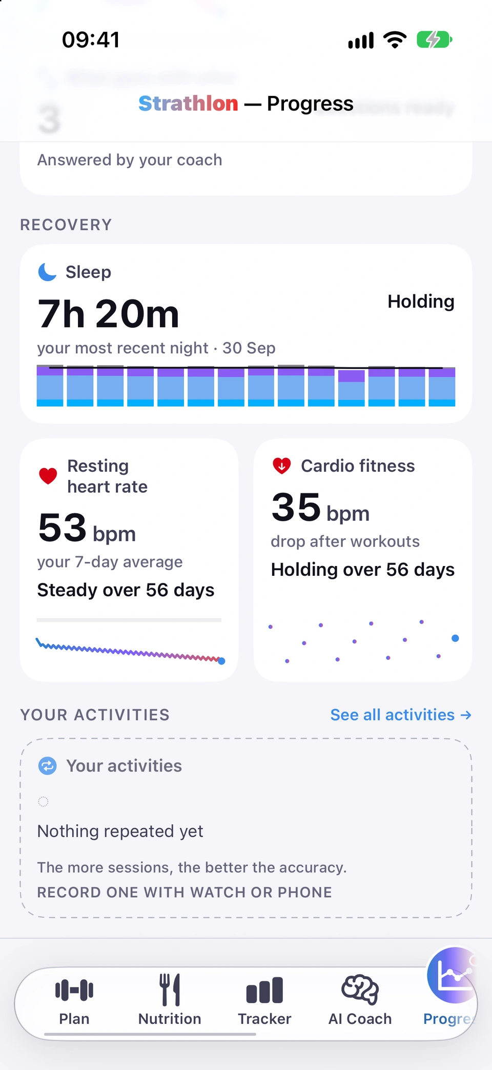 The Recovery section of the Progress tab with Resting heart rate and Cardio fitness tiles, each with a small trend line