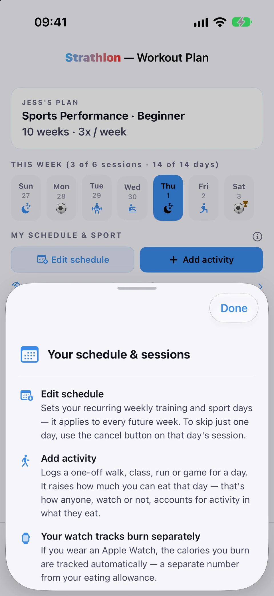 The 'Your schedule & sessions' explainer sheet: Edit schedule, Add activity, and watch-tracks-burn blocks.