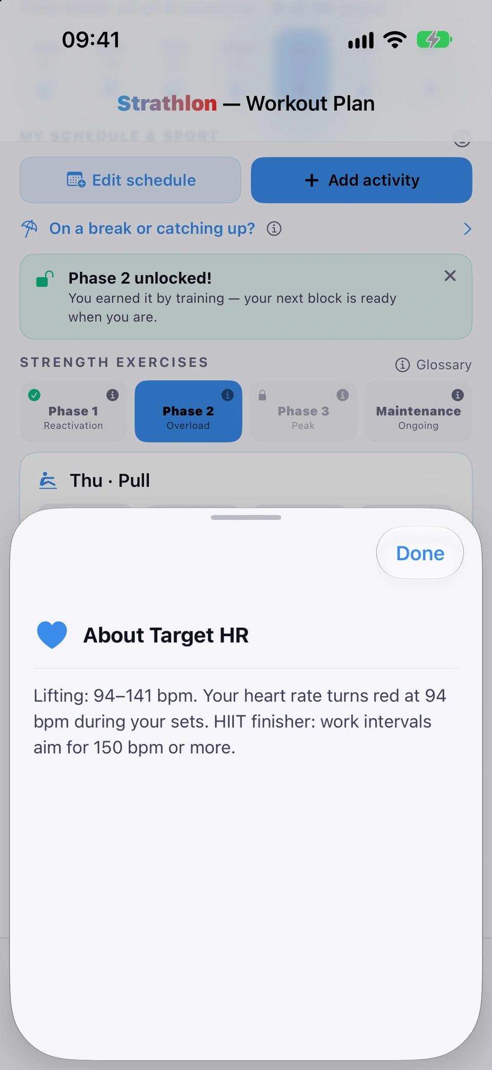The 'About Target HR' explainer sheet, giving the lifting heart-rate threshold and the HIIT work-interval target.