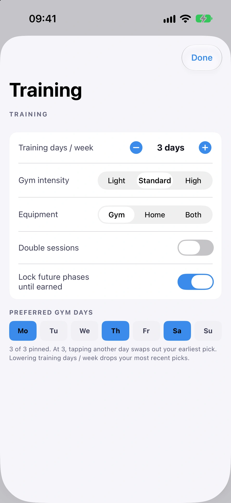 The Training settings sheet showing the Training days / week stepper and the Light/Standard/High Gym intensity control.