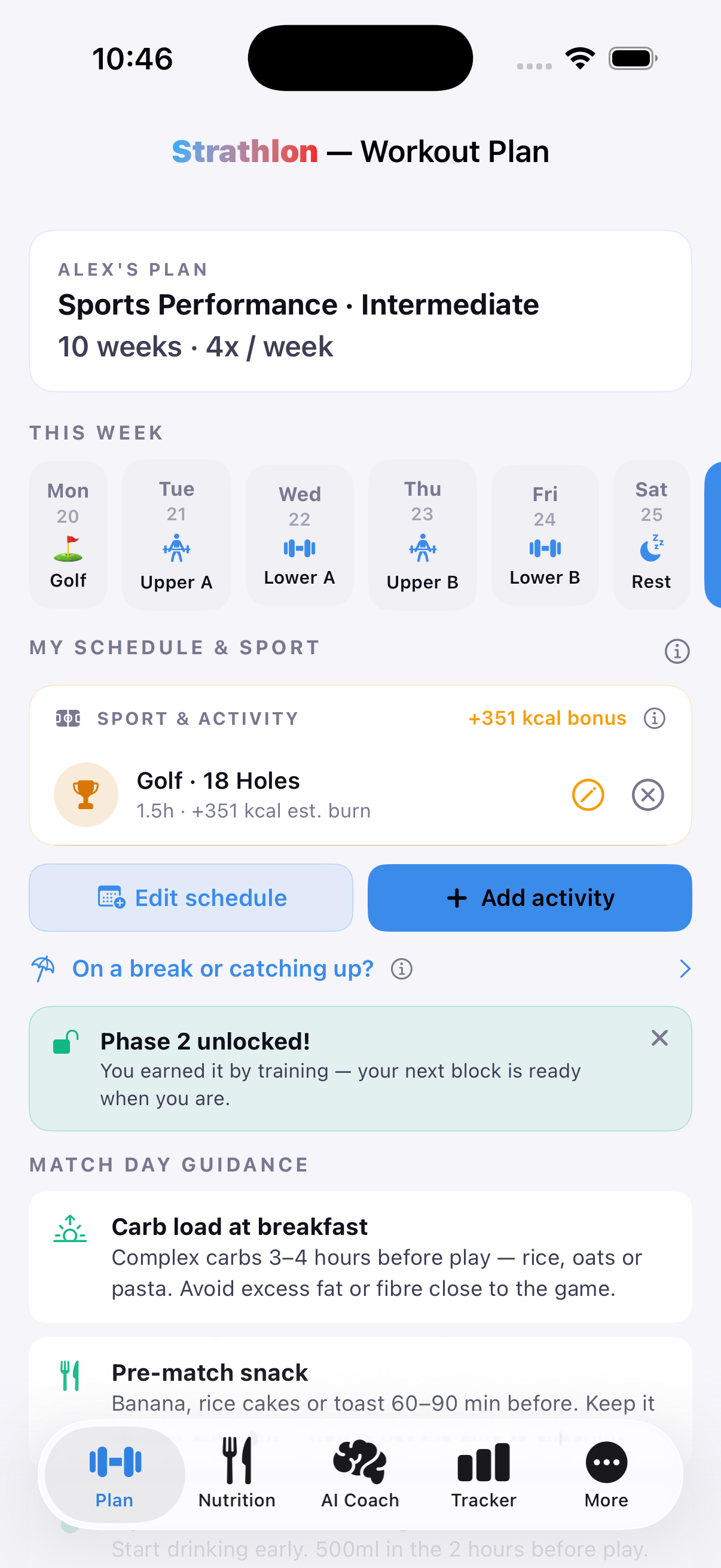 Strathlon's Plan tab showing a golf round scheduled for the day, with its estimated calorie burn