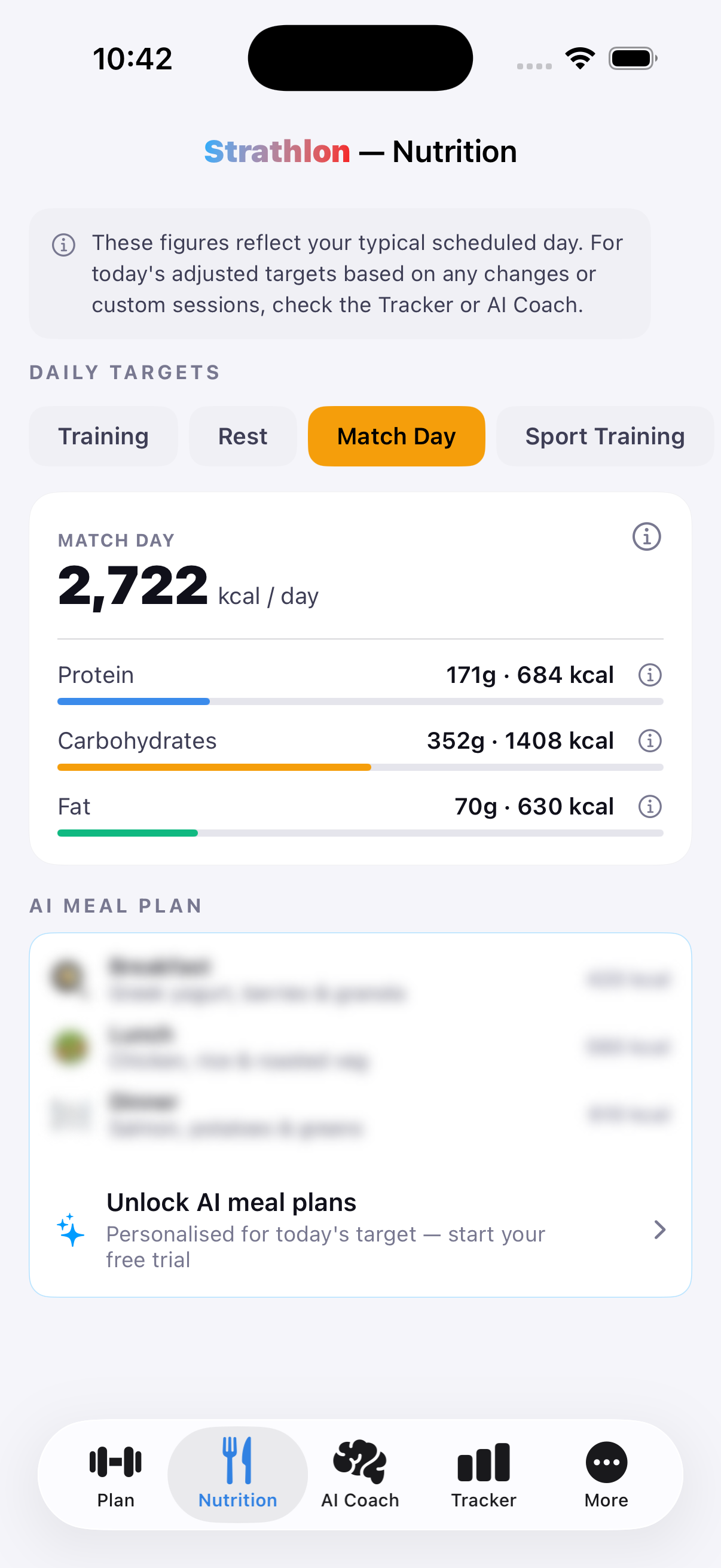 Strathlon's Nutrition tab showing archery match-day calorie and macro targets.