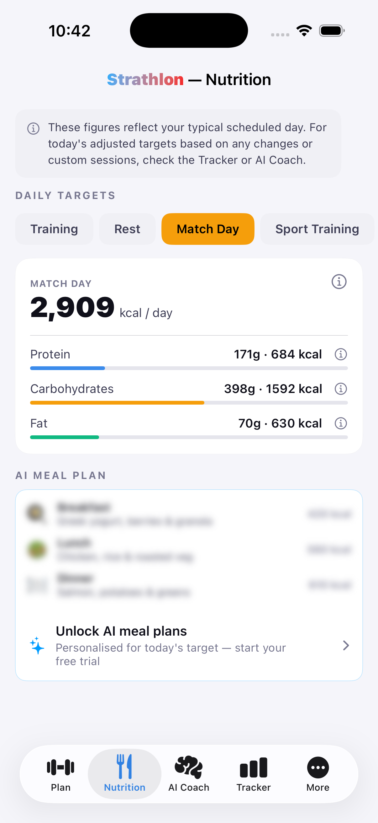 Strathlon's Nutrition tab showing badminton match-day calorie and macro targets.