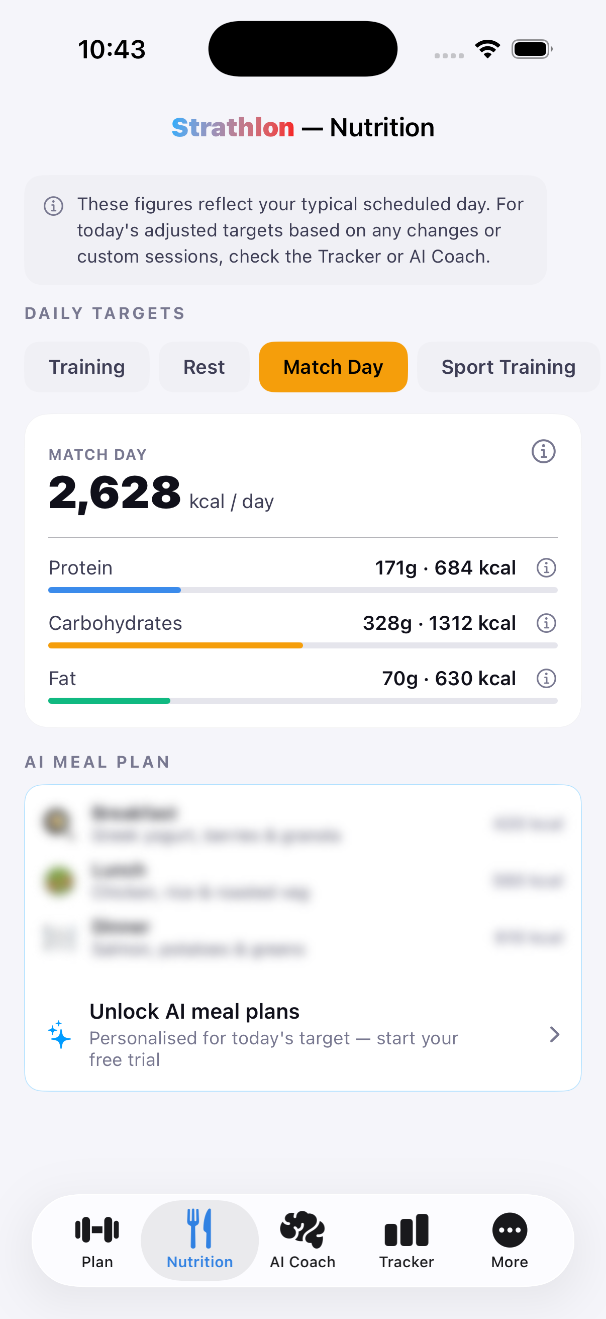 Strathlon's Nutrition tab showing baseball/softball match-day calorie and macro targets.