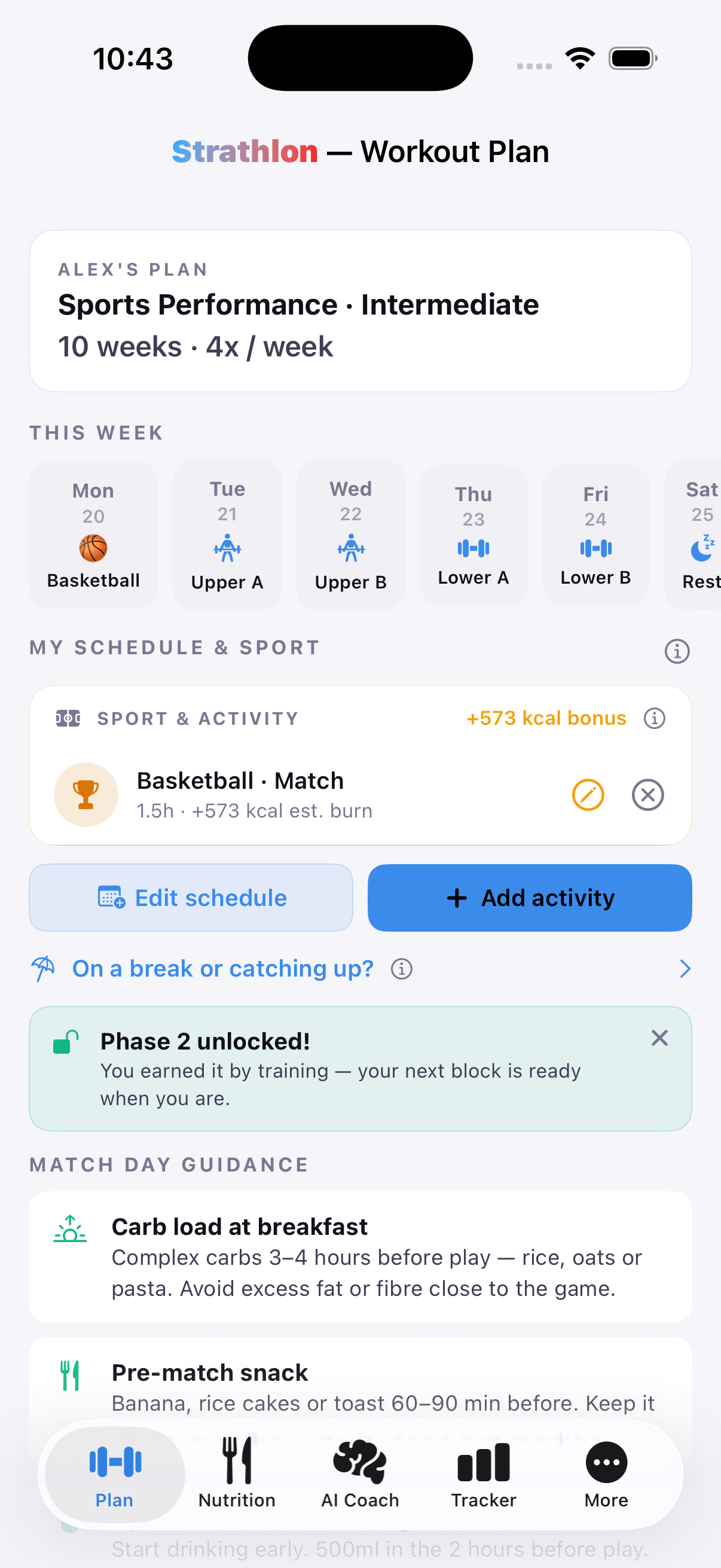 Strathlon's Plan tab with a basketball session scheduled, showing its estimated calorie burn for the day.