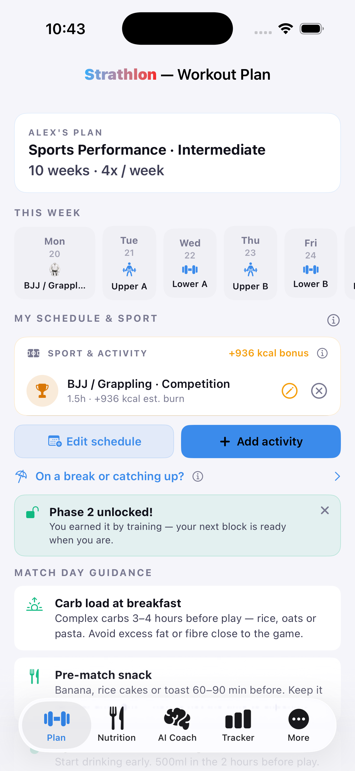 Strathlon's Plan tab with a BJJ session scheduled, showing its estimated calorie burn for the day.