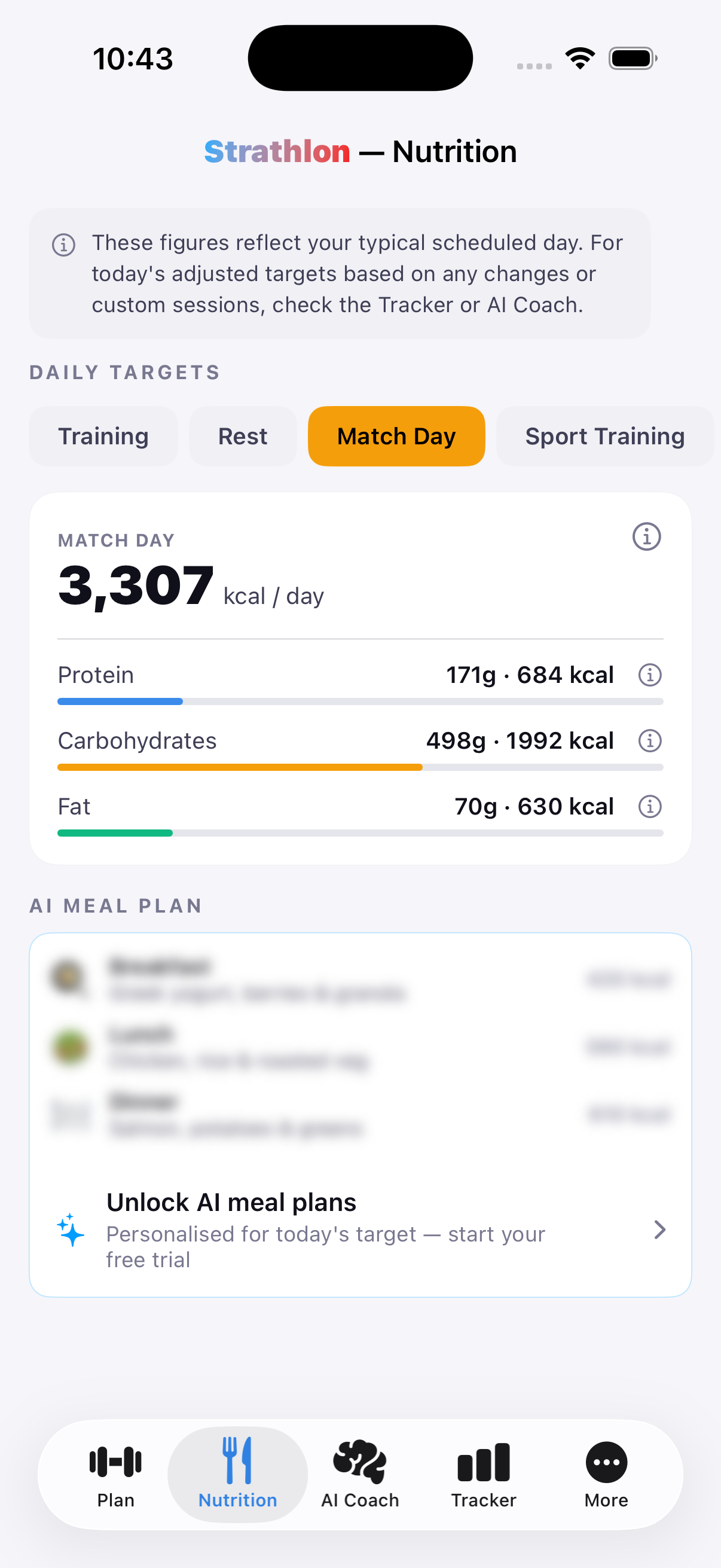 Strathlon's Nutrition tab showing BJJ match-day calorie and macro targets.