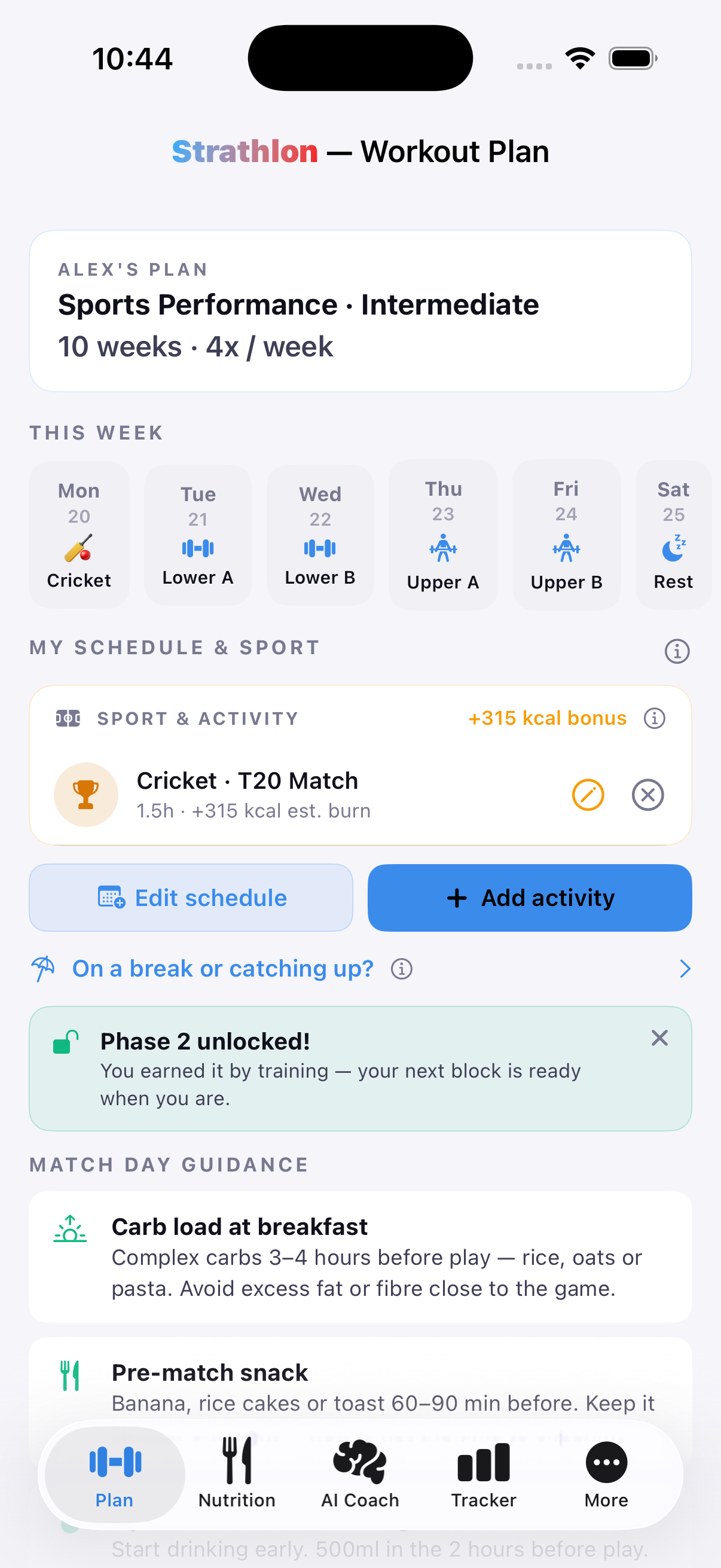 Strathlon's Plan tab with a cricket session scheduled for the week alongside the gym days Strathlon tunes toward it