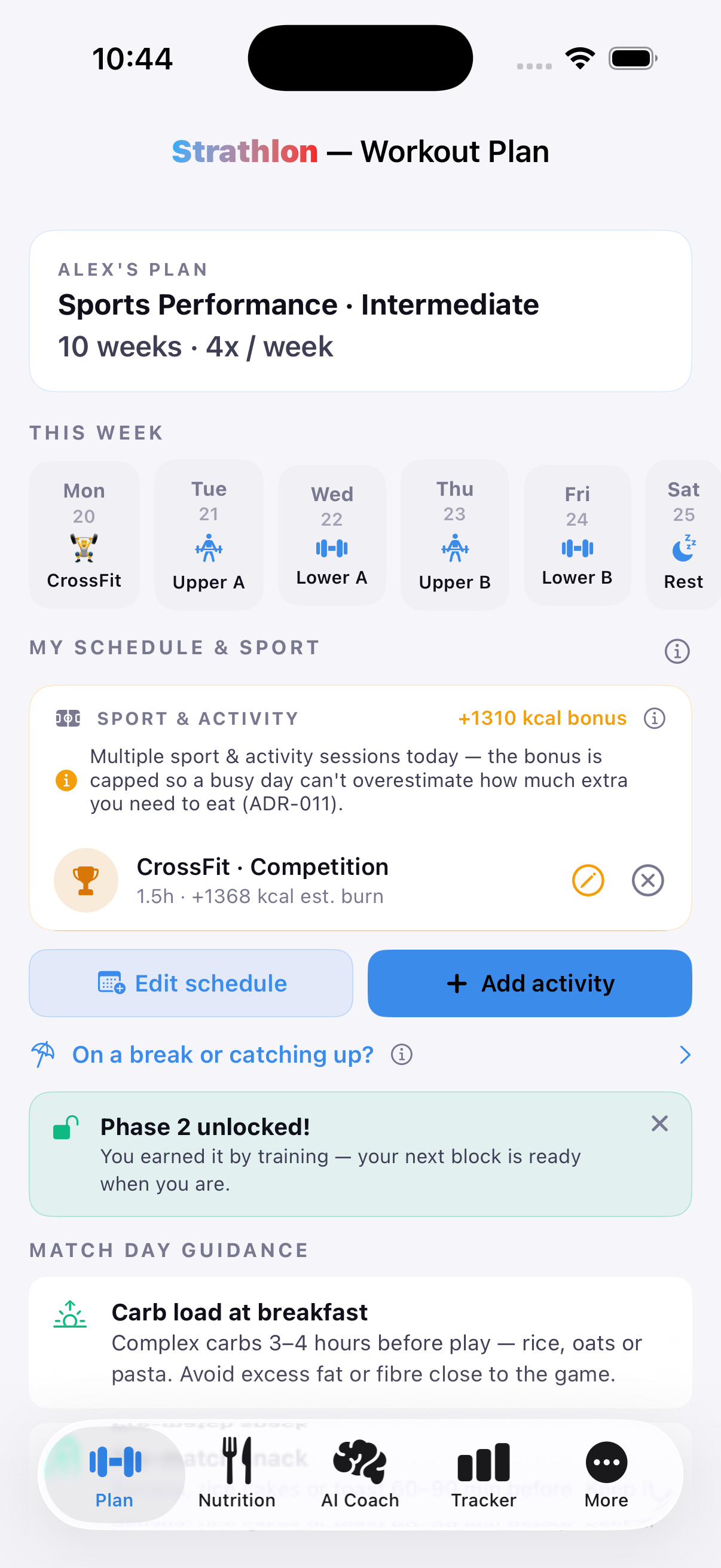 Strathlon's Plan tab with a CrossFit session scheduled for the week alongside the gym days Strathlon tunes toward it