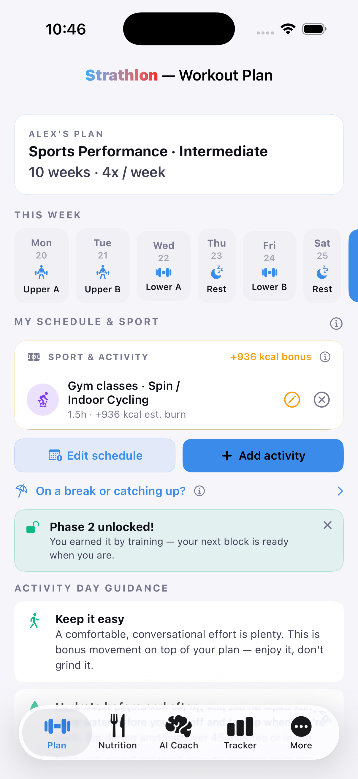 Strathlon's Plan tab showing a gym class scheduled in the week's training