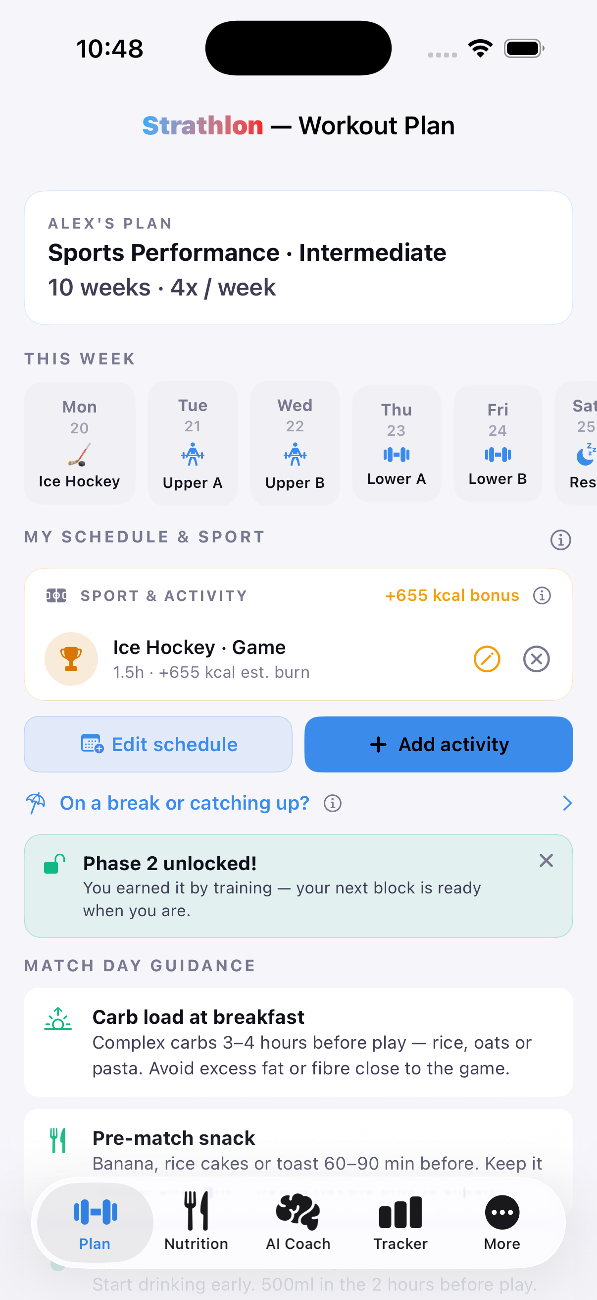 Strathlon's Plan tab showing an ice hockey session scheduled in the week's training