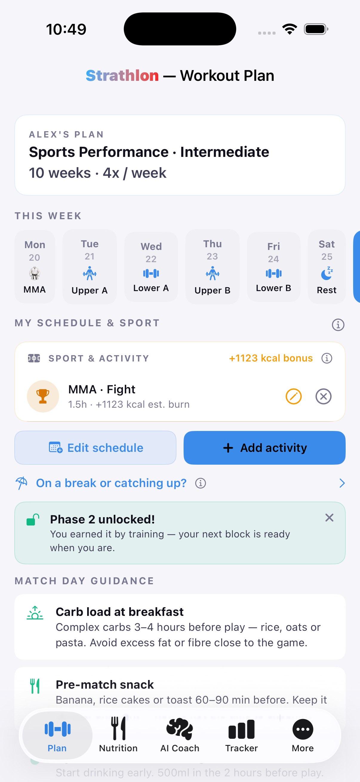 Strathlon's Plan tab with an MMA session scheduled alongside the week's strength training