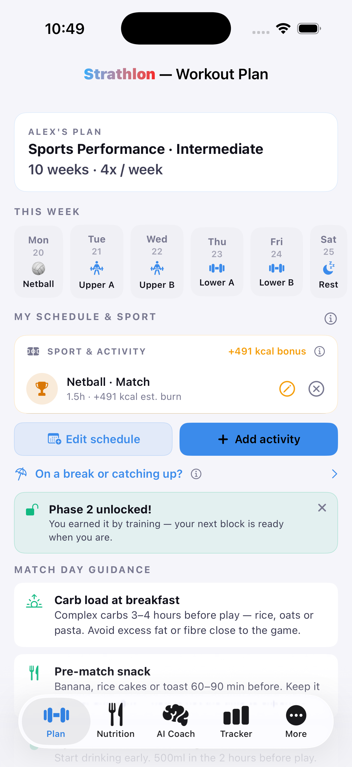 Strathlon's Plan tab with a netball session scheduled alongside the week's strength training