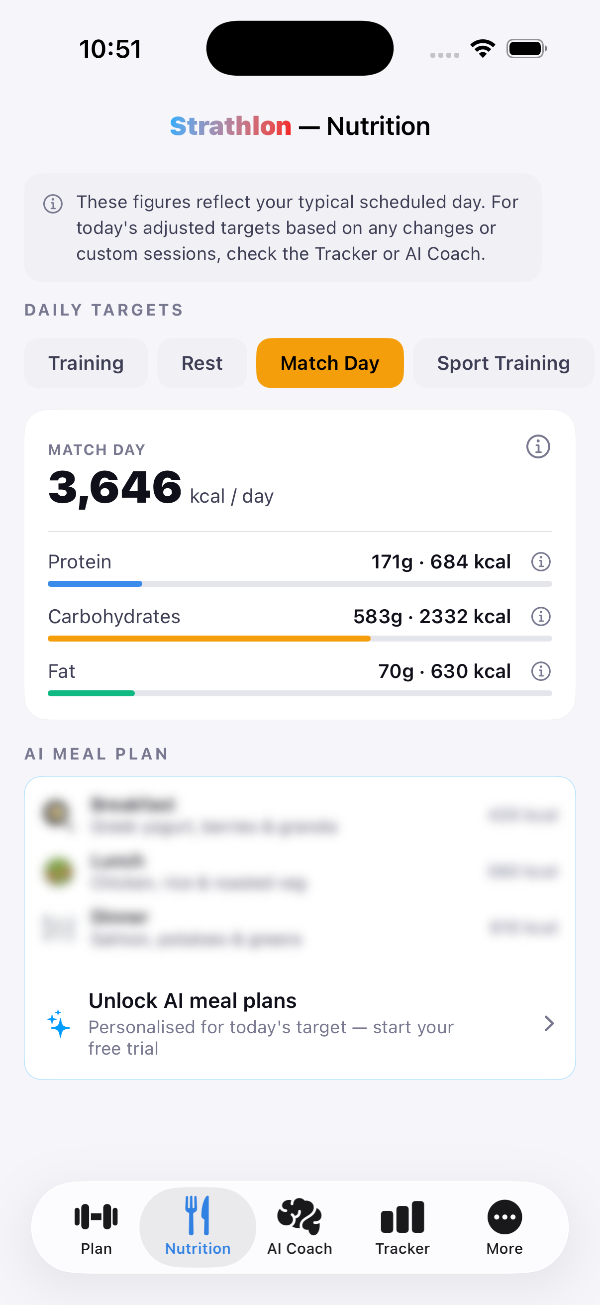 Strathlon's Nutrition tab showing the day's calorie and macro targets for a running day