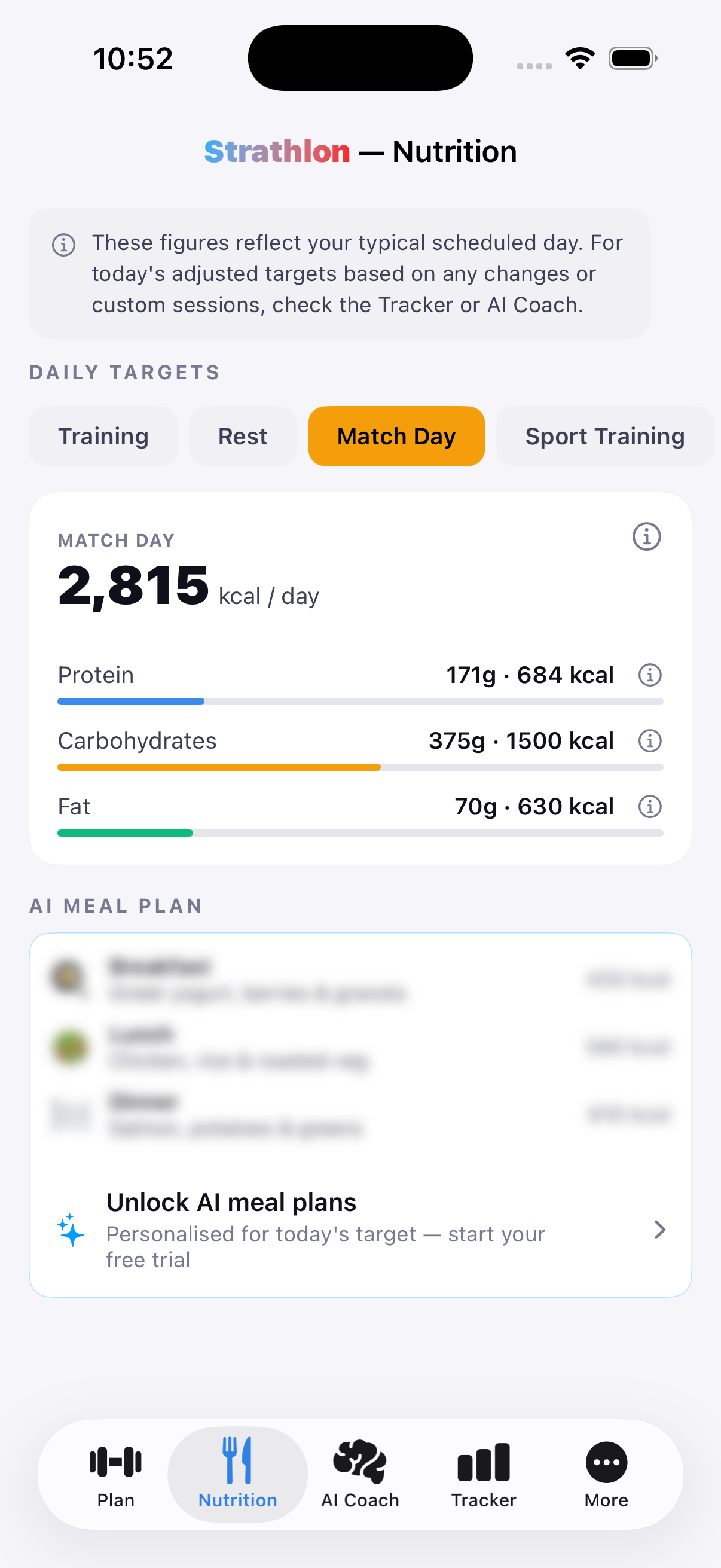 Strathlon's Nutrition tab showing match-day calorie and macro targets for table tennis
