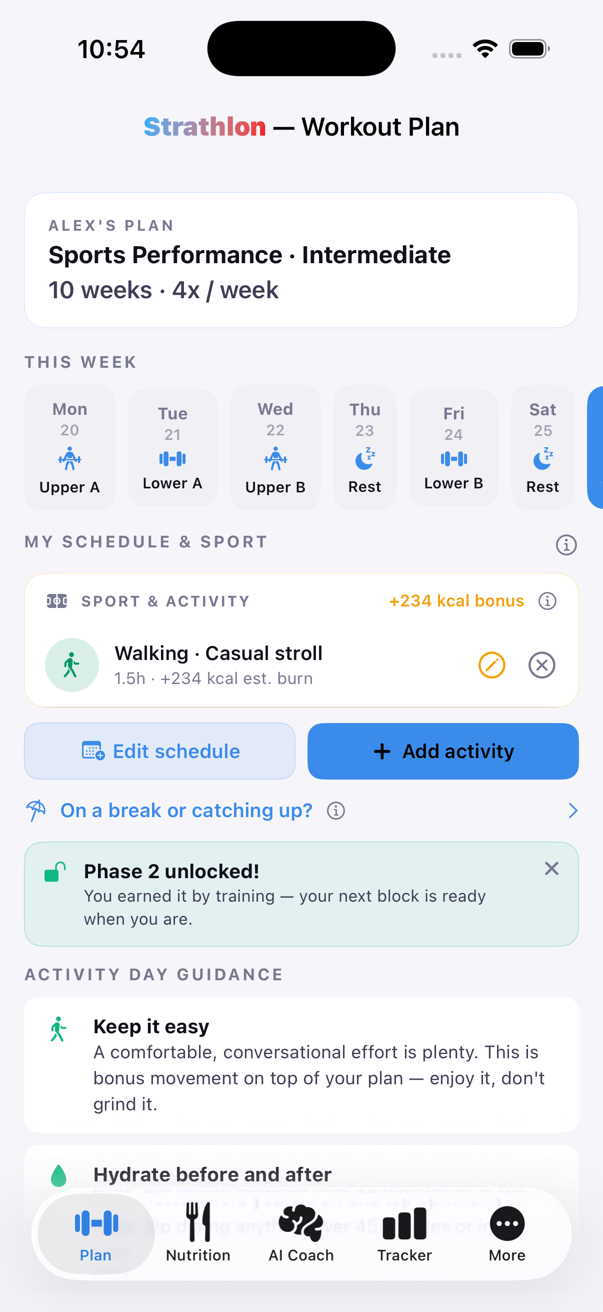 Strathlon's Plan tab with a Walking session added as bonus activity alongside this week's Upper/Lower gym days