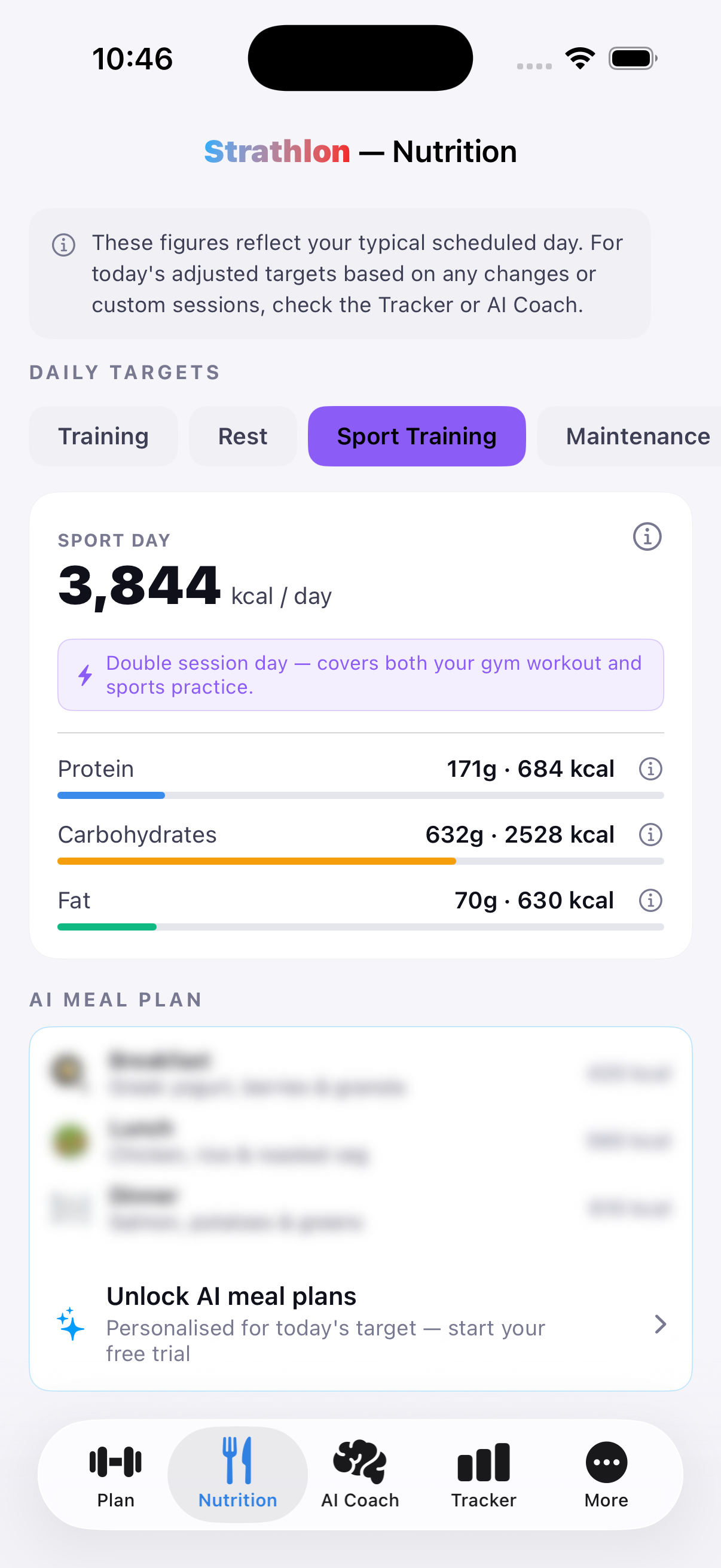 Strathlon's Nutrition tab showing calorie and macro targets for a gym class day