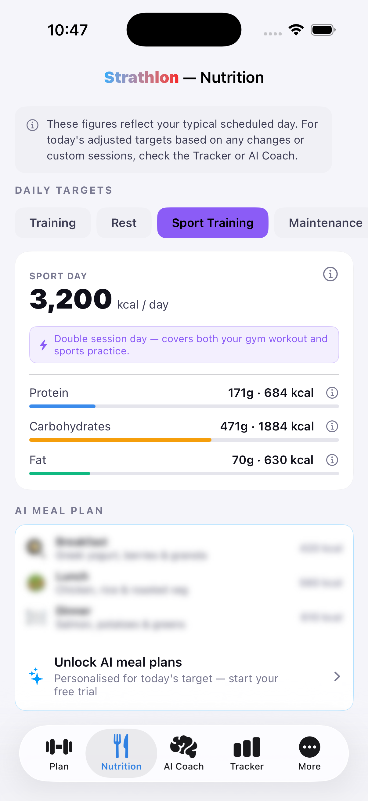Strathlon's Nutrition tab showing calorie and macro targets for a gym workout day