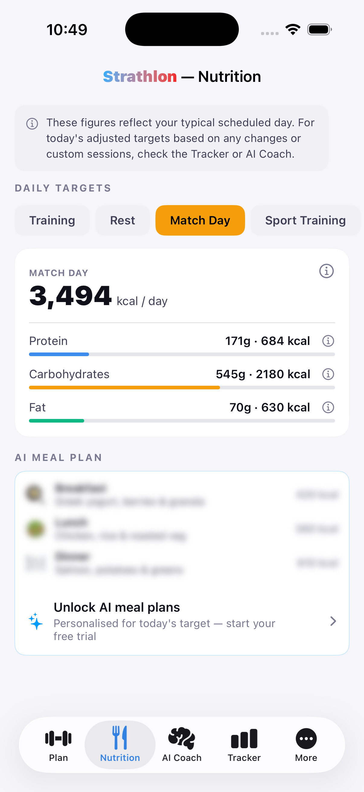 Strathlon's Nutrition tab showing MMA day calorie and macro targets
