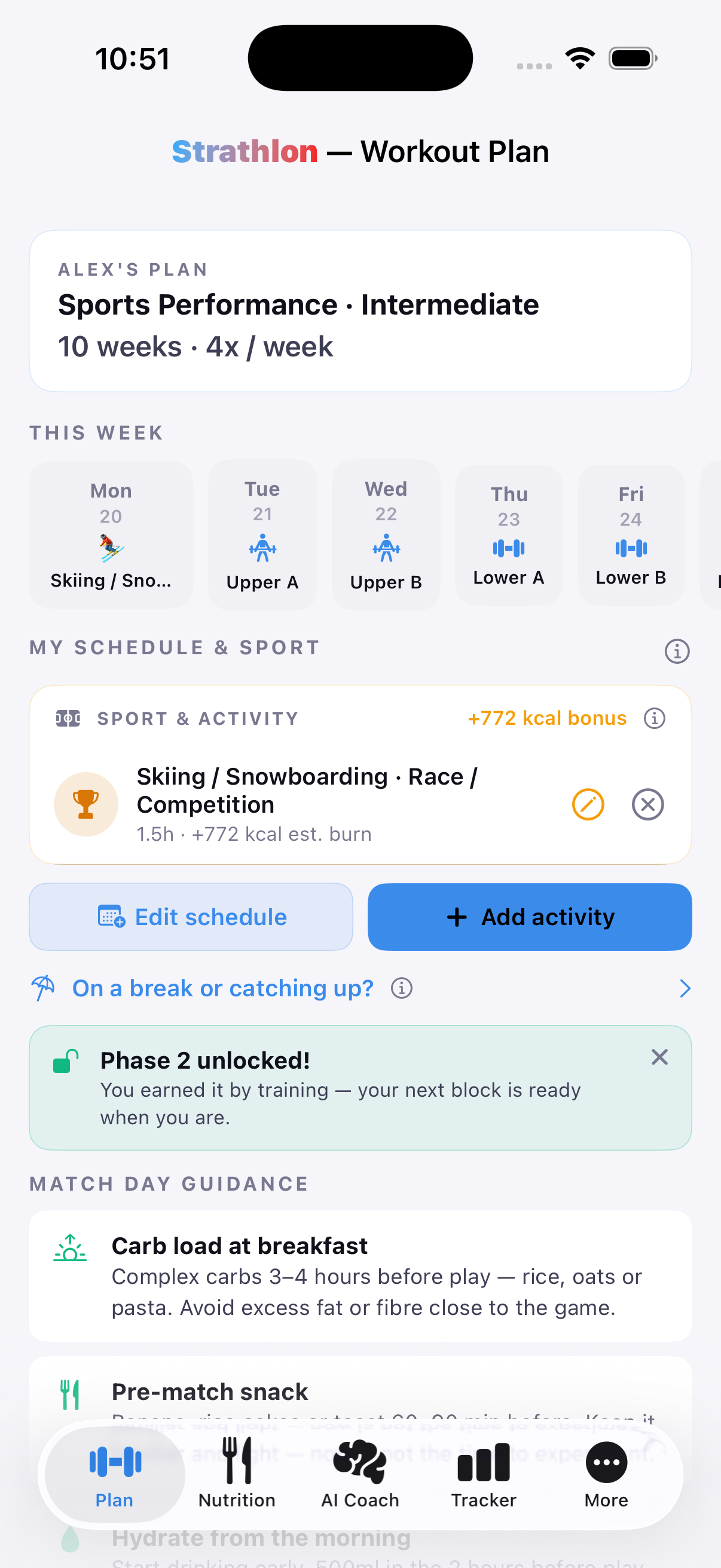 Strathlon's Plan tab with a skiing session scheduled, showing its estimated calorie burn for the day